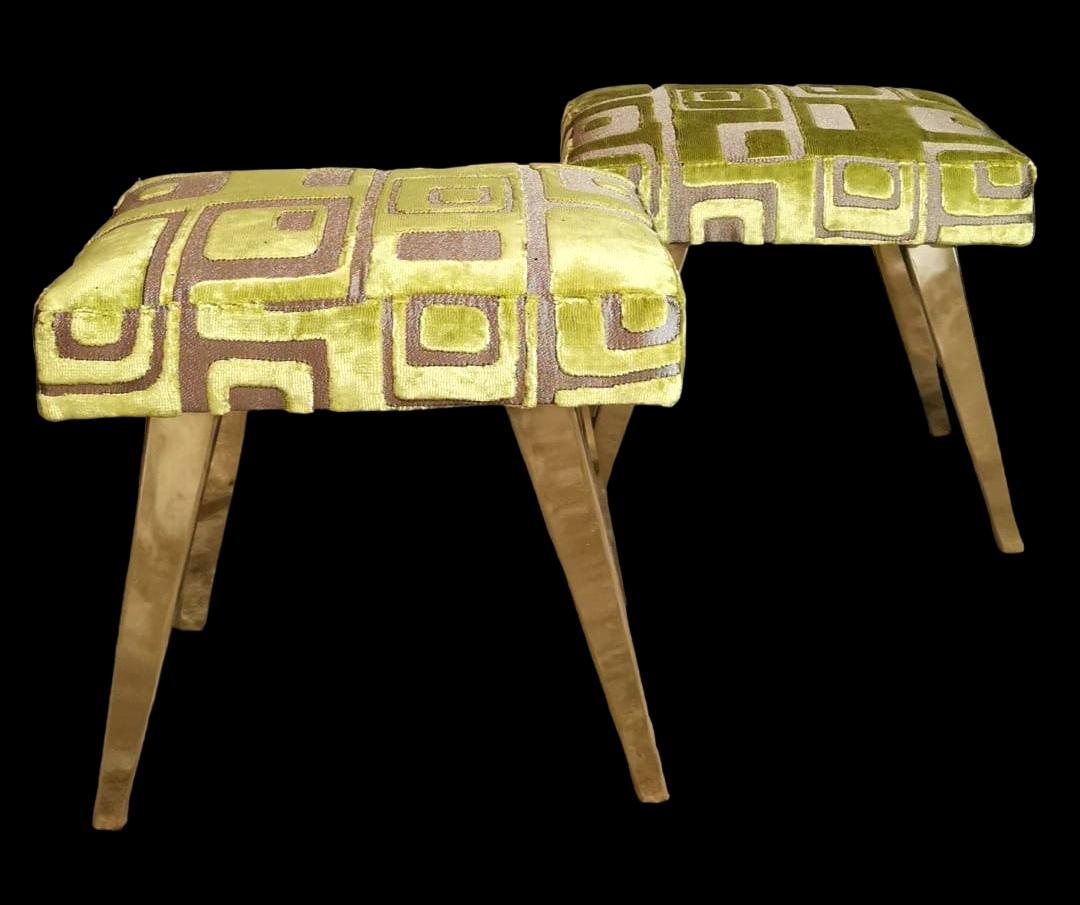 Hand-Crafted Paolo Buffa Style Italian Pair on Benches Brass Legs and Guild Fabric For Sale