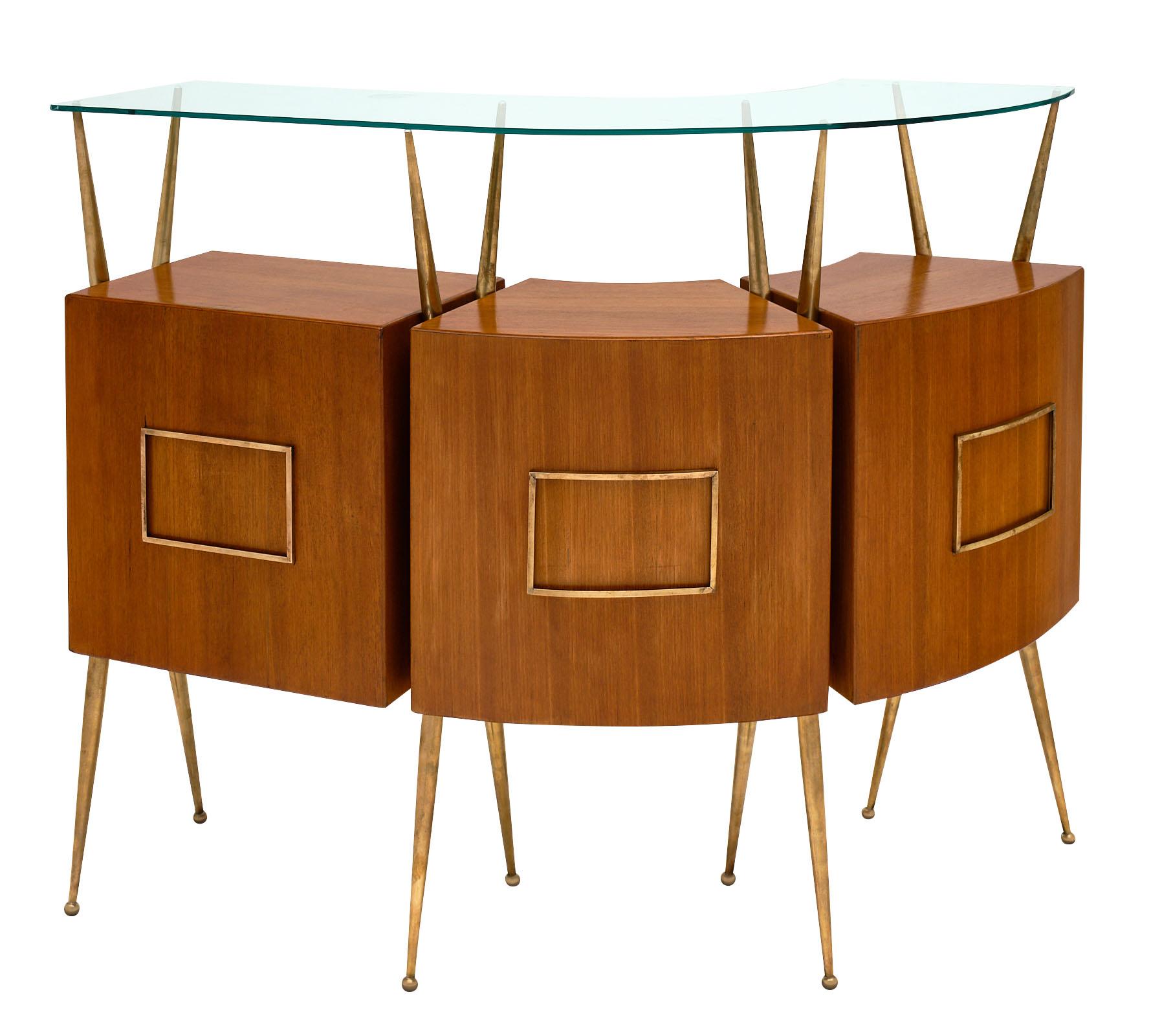 Midcentury Paolo Buffa style Italian bar and case piece made of rosewood with gilt brass structure. The asymmetrical bar has a glass top as well. The case piece has a mirrored interior and glass shelf. The measurements listed are for the bar itself.