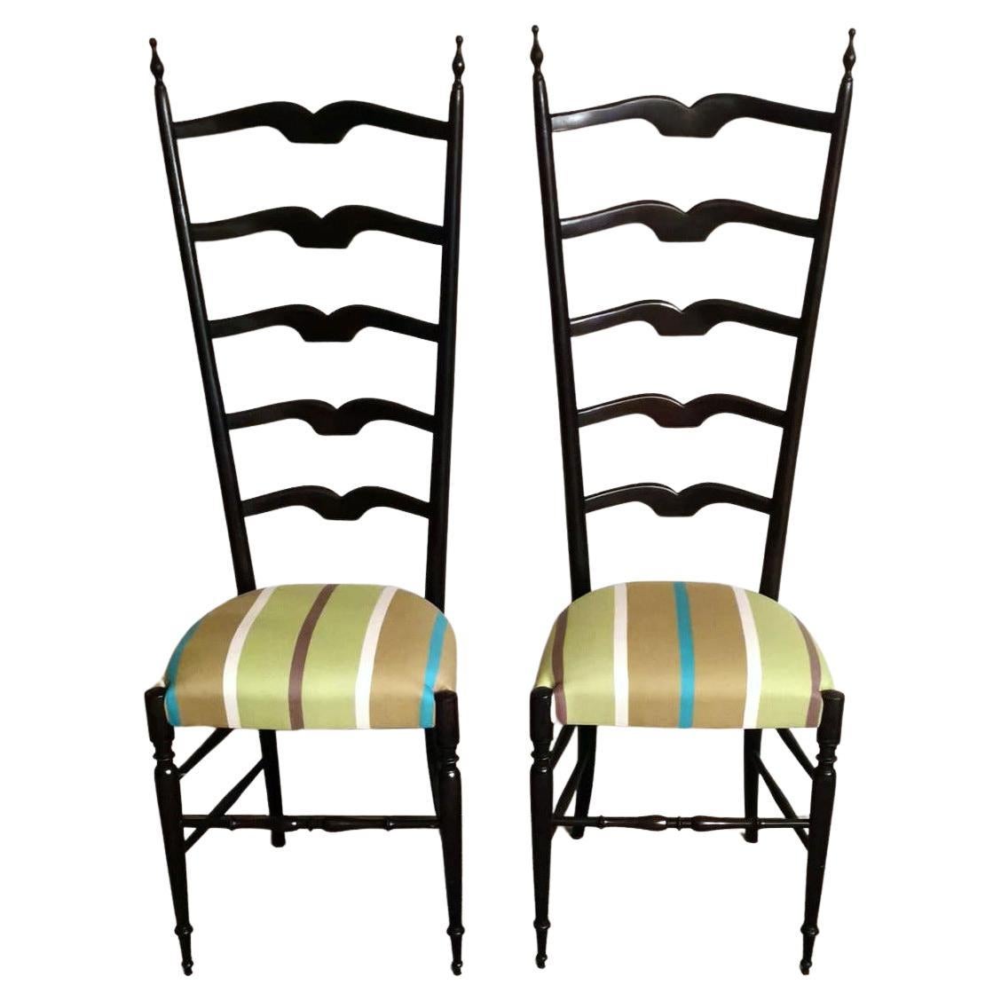 Paolo Buffa Style Pair of Chiavari Chairs in Italian Wood with High Backrest For Sale