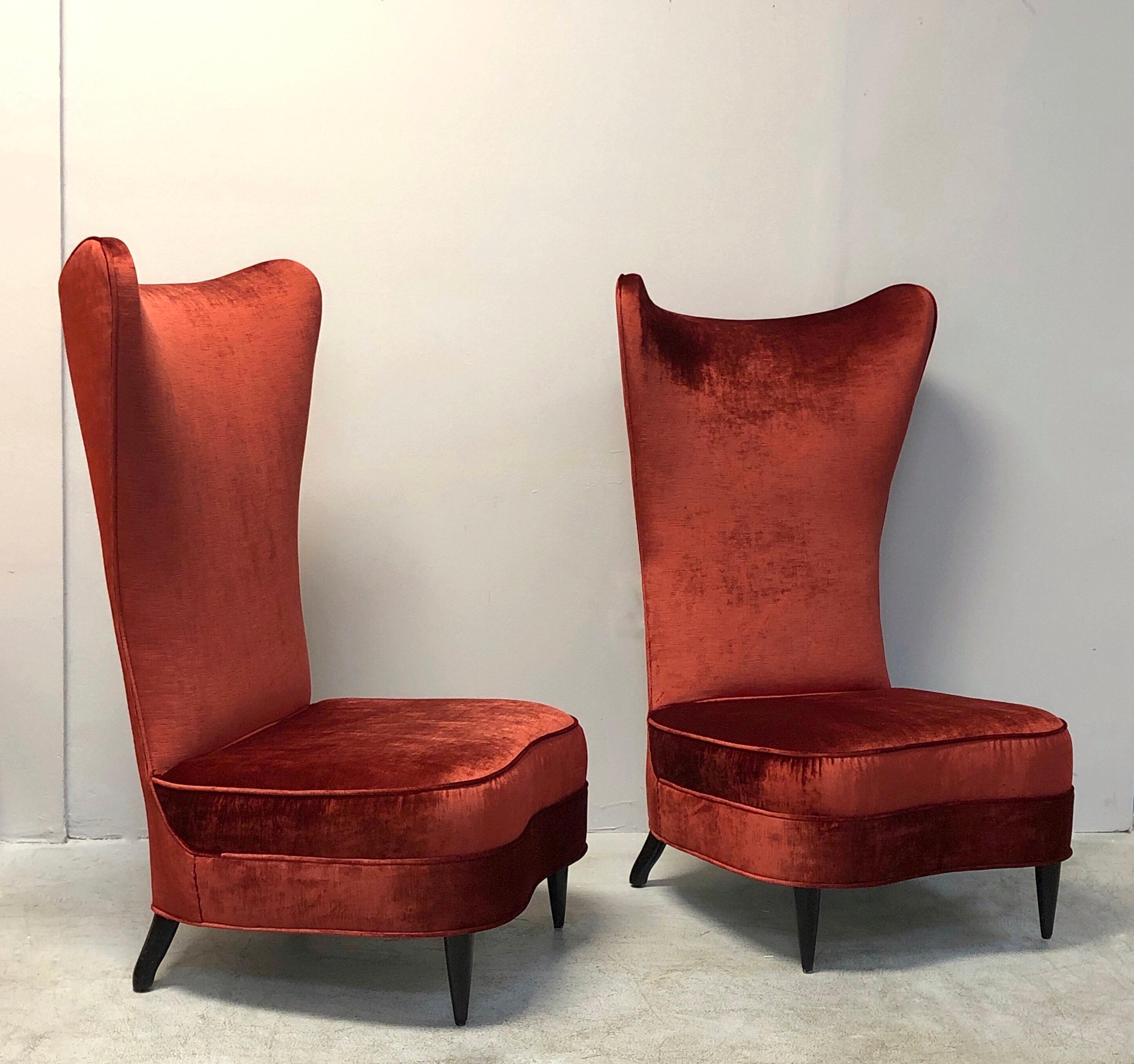 Paolo Buffa Style Tall Back Club Red Velvet  Slipper Chair For Sale 5