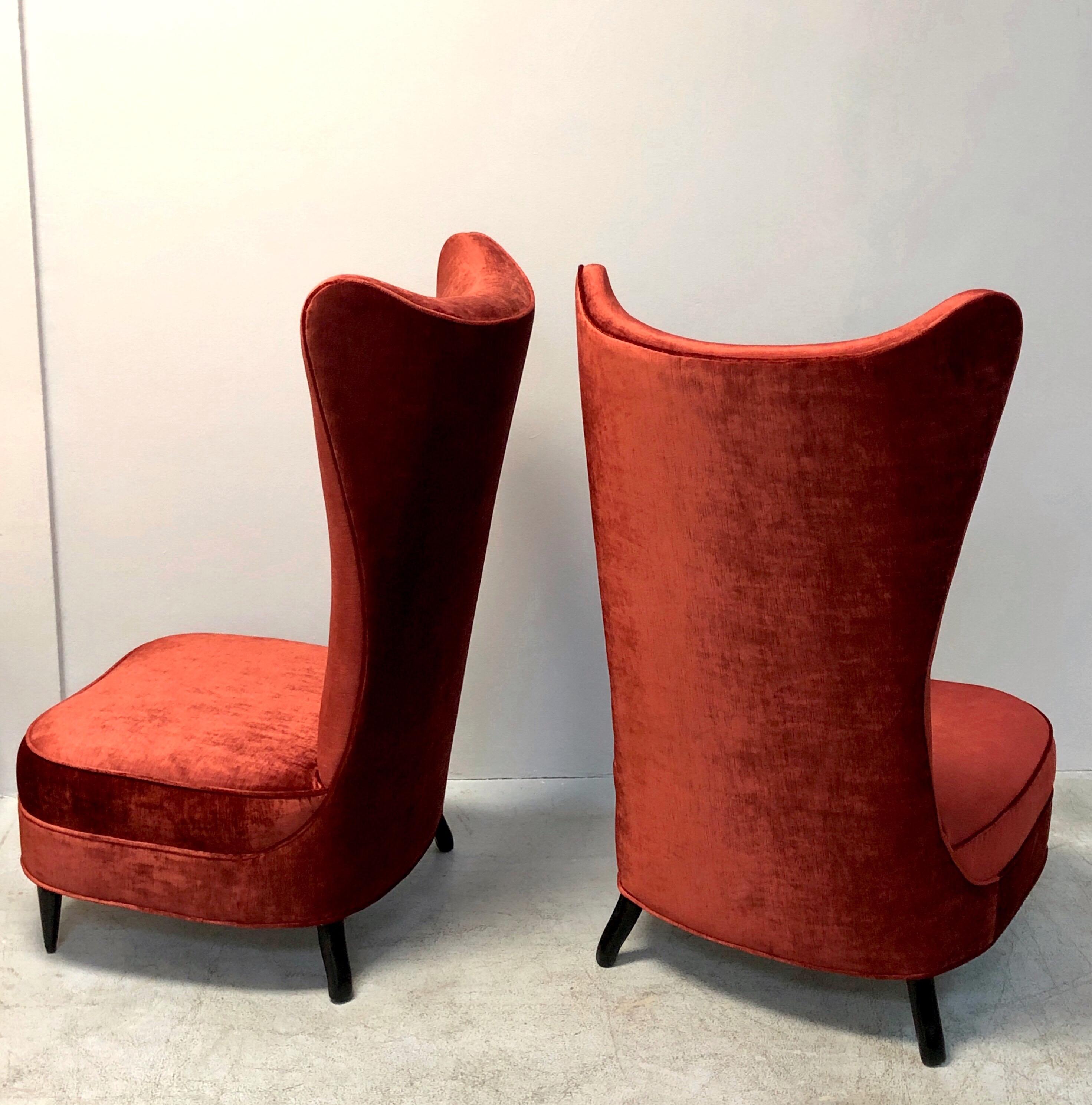 Paolo Buffa Style Tall Back Club Red Velvet  Slipper Chair In Good Condition For Sale In Miami, FL