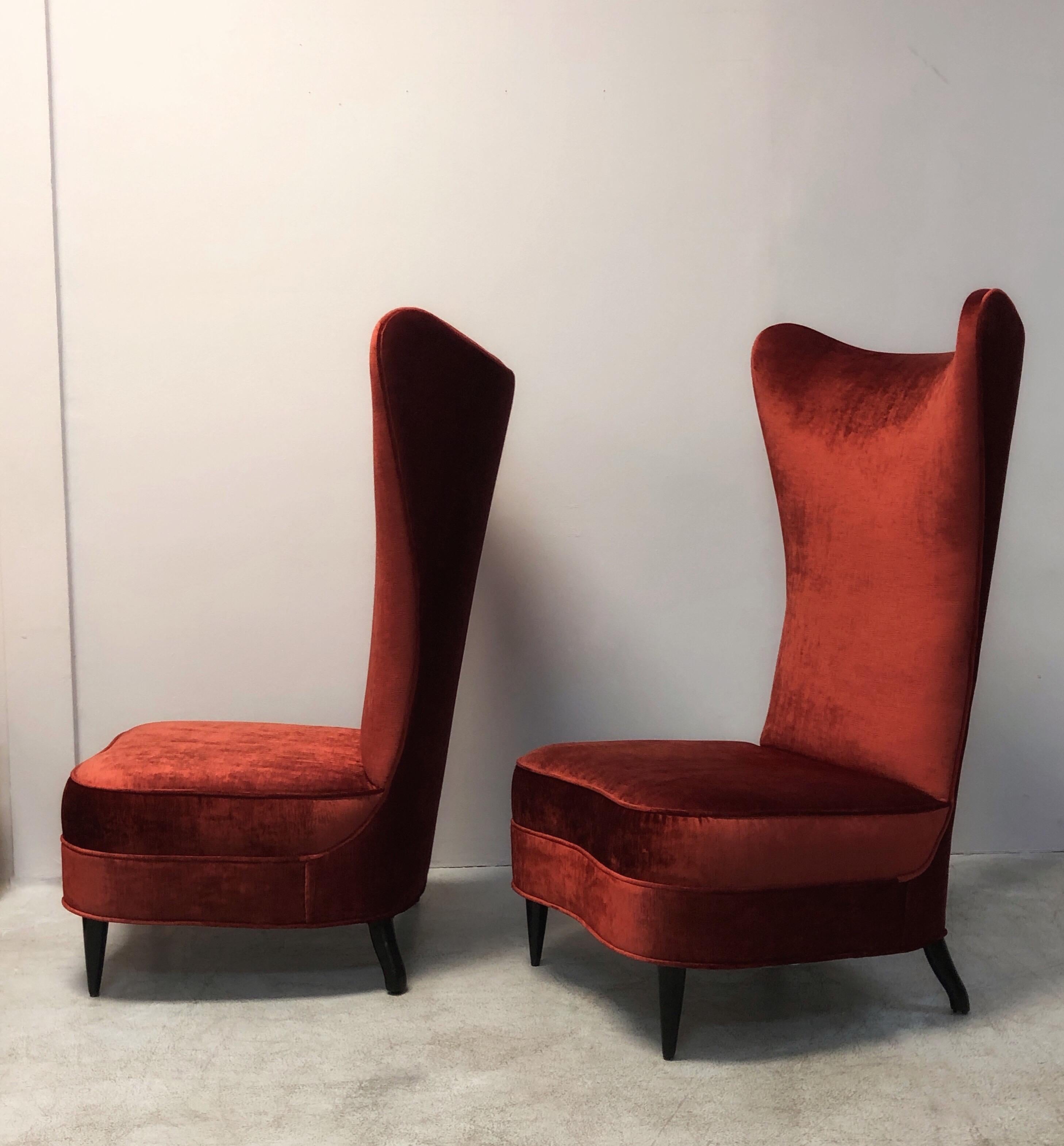 Late 20th Century Paolo Buffa Style Tall Back Club Red Velvet  Slipper Chair For Sale