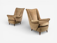 Paolo Buffa Style, Wingback Lounge Chairs, Fabric, Wood, Italy, 1950s