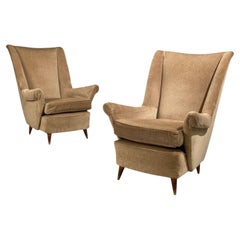 Paolo Buffa Style, Wingback Lounge Chairs, Fabric, Wood, Italy, 1950s