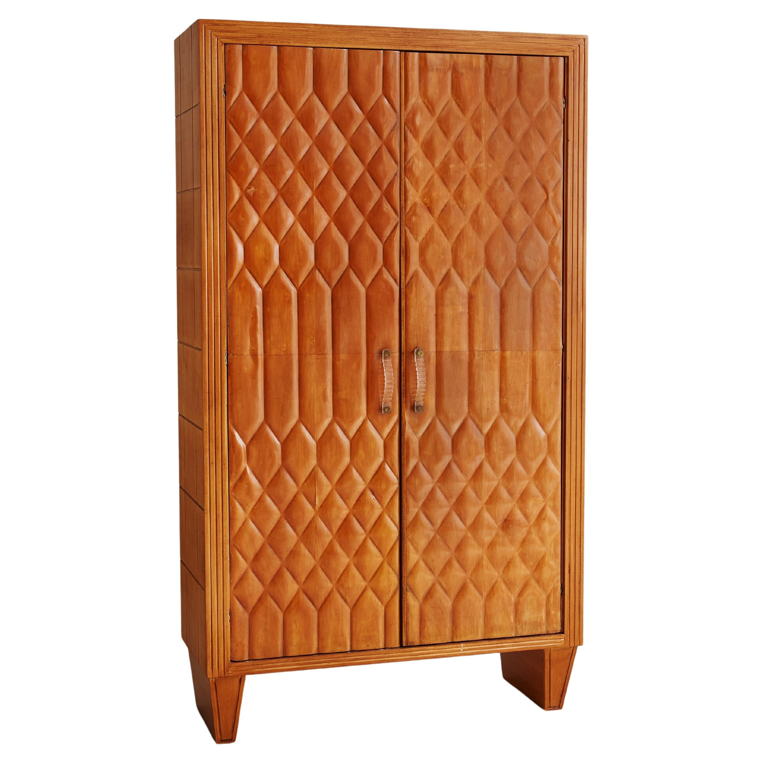 Paolo Buffa Style Wood Armoire Cabinet with Murano Glass Handles, Italy 1950s For Sale