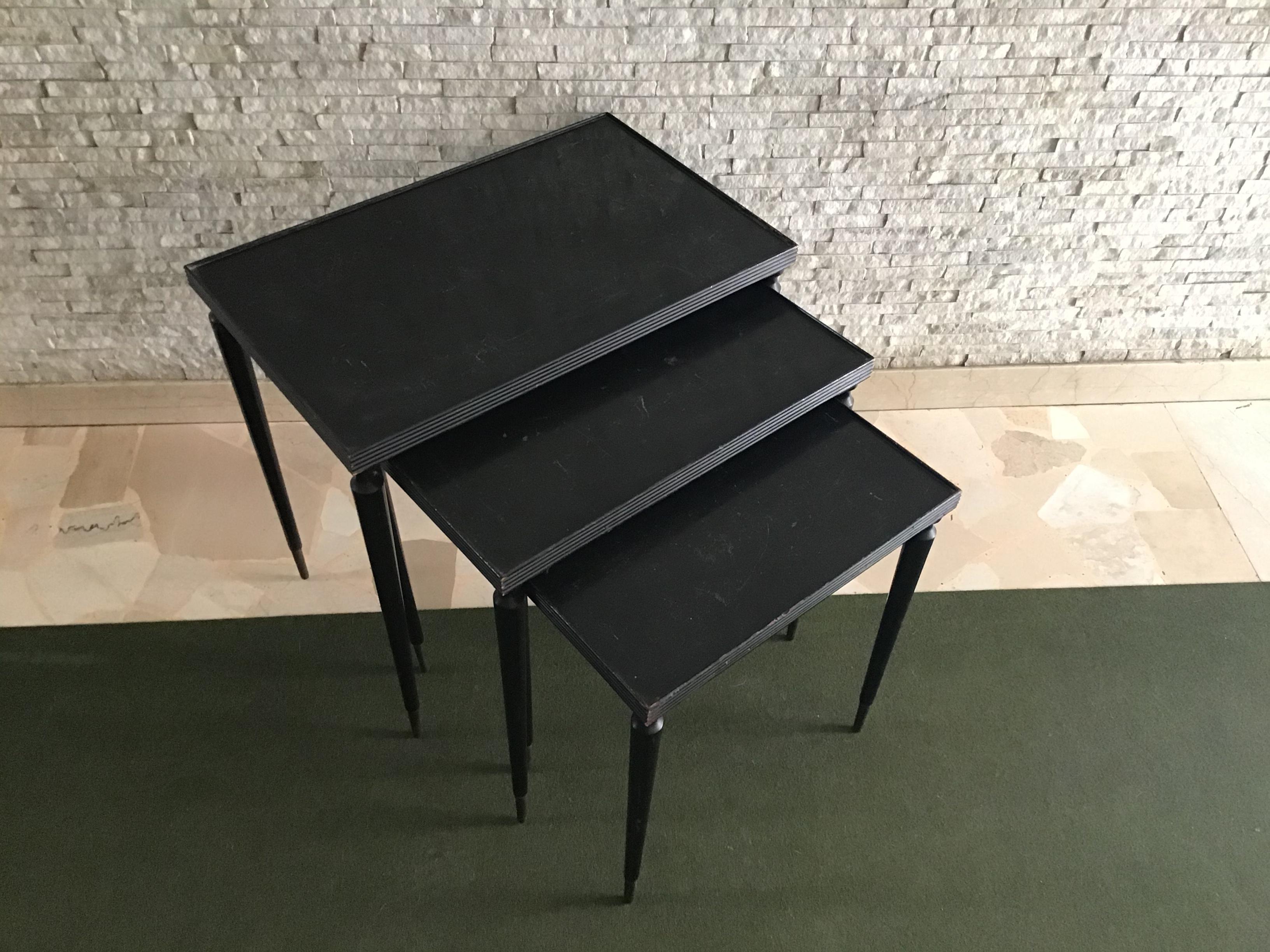Paolo Buffa Triptych Small Tables 1940 Wood Brass, Italy For Sale 5