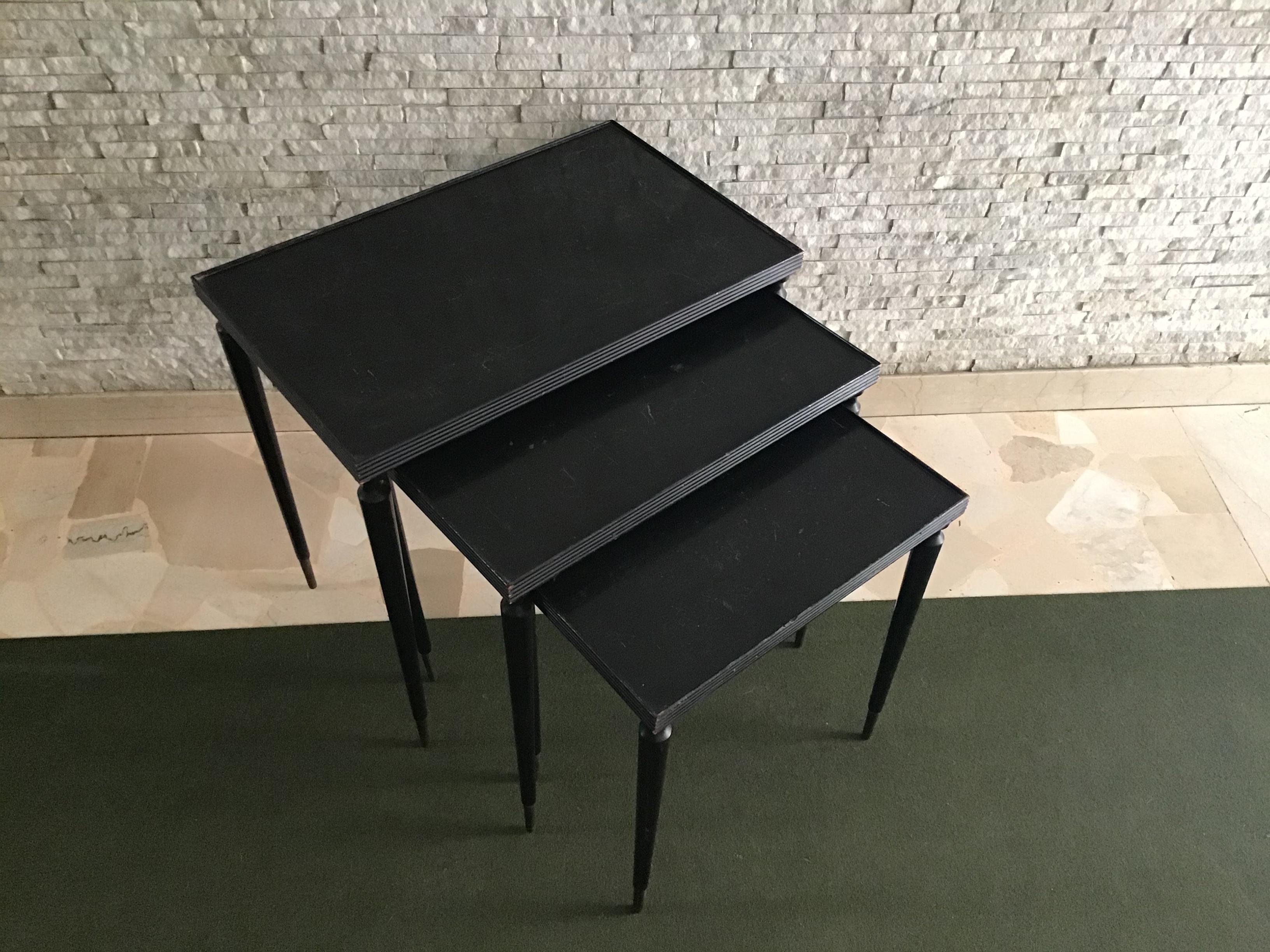 Paolo Buffa Triptych Small Tables 1940 Wood Brass, Italy For Sale 6