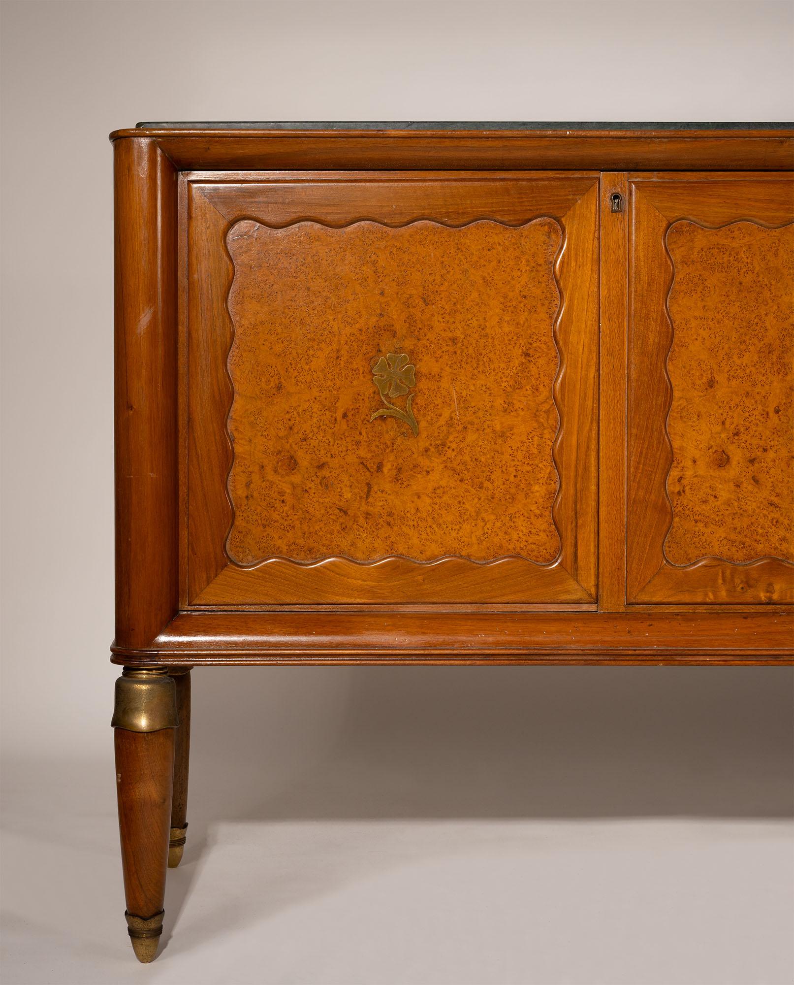 Hand-Crafted Paolo Buffa Walnut and Birch Burl Sideboard with Marble Top, Italy, 1956 For Sale