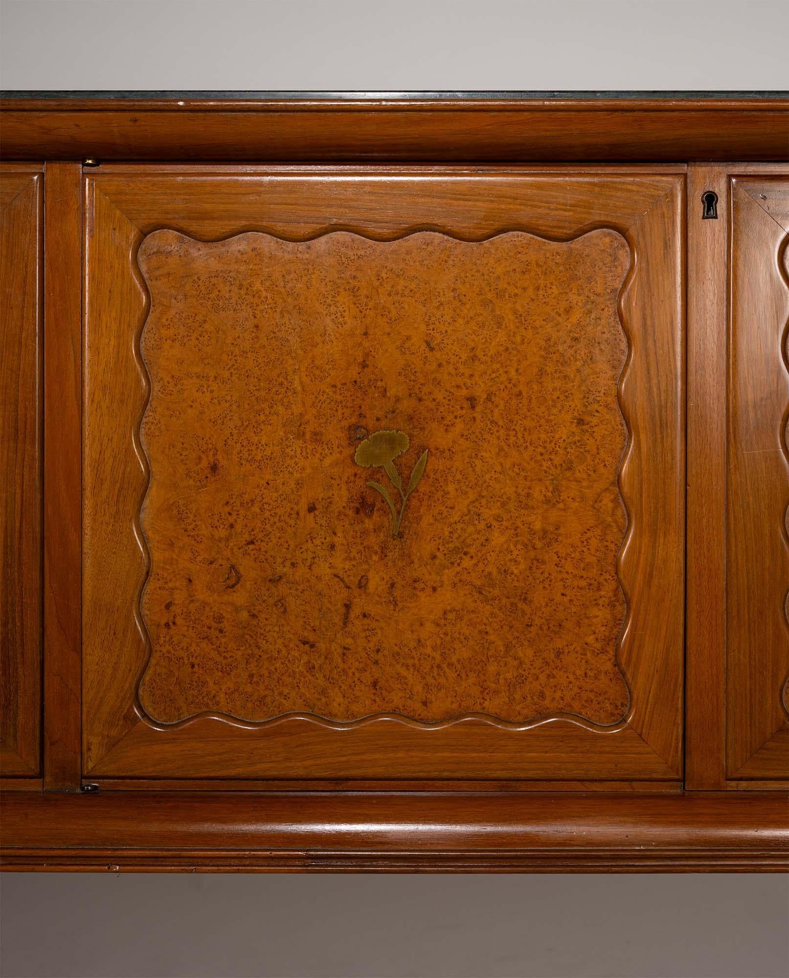 Mid-20th Century Paolo Buffa Walnut and Birch Burl Sideboard with Marble Top, Italy, 1956 For Sale