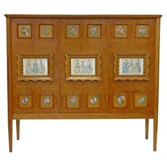 Paolo Buffa Wooden Cabinet with Flowers Ceramic Tiles and Fashion Prints, 1950s