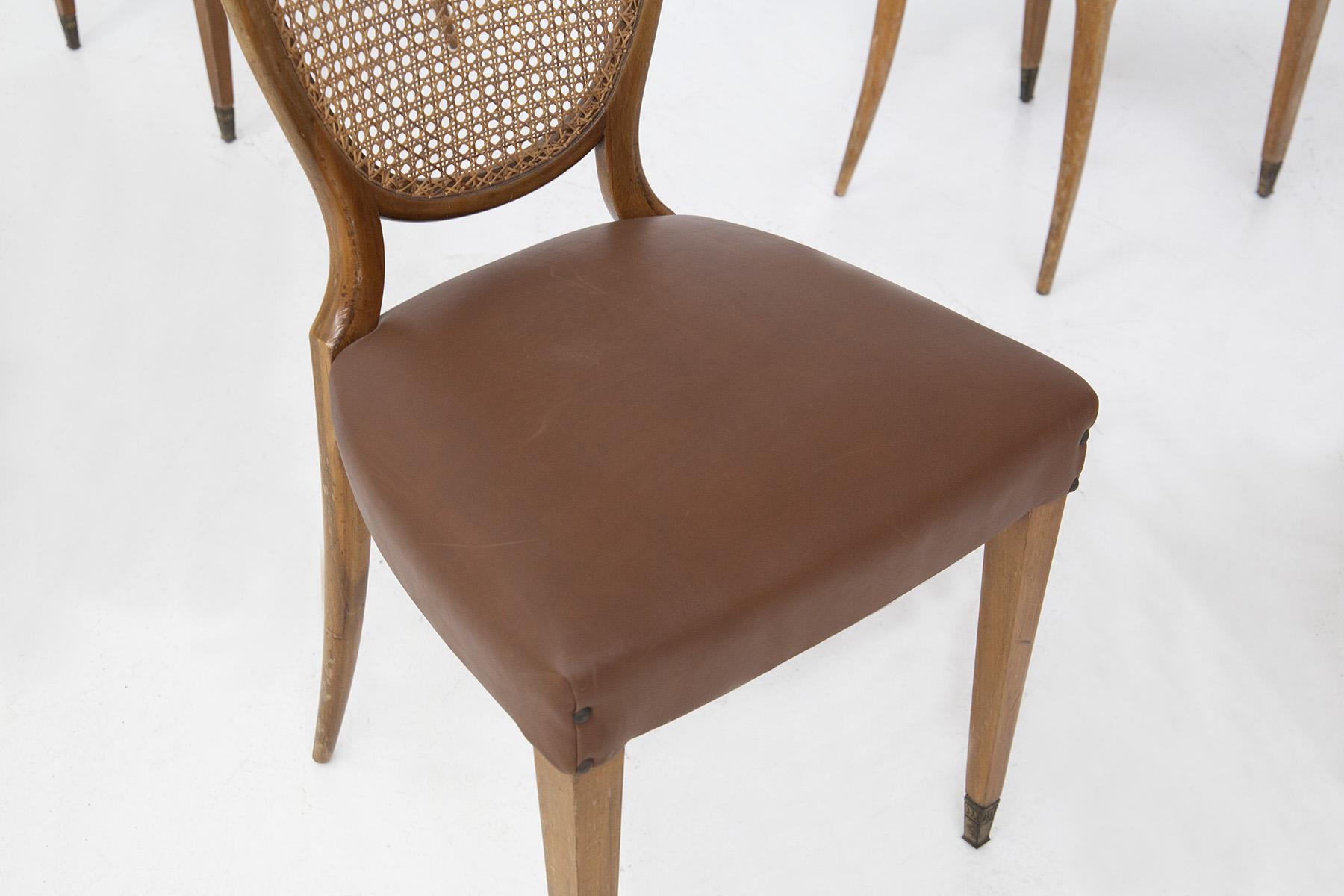 Italian Paolo Buffa Wooden Chairs in Leather and Vienna Straw