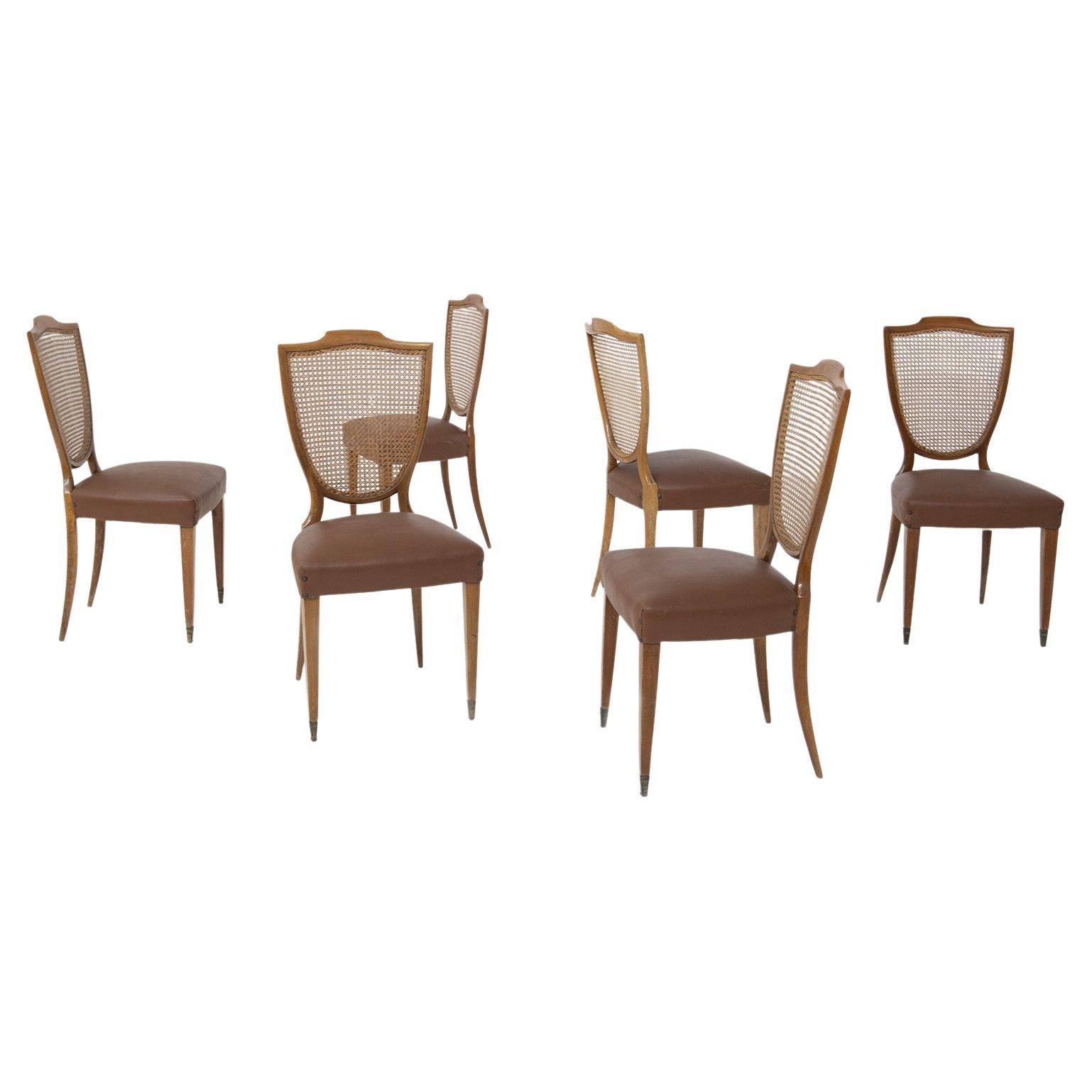 Paolo Buffa Wooden Chairs in Leather and Vienna Straw