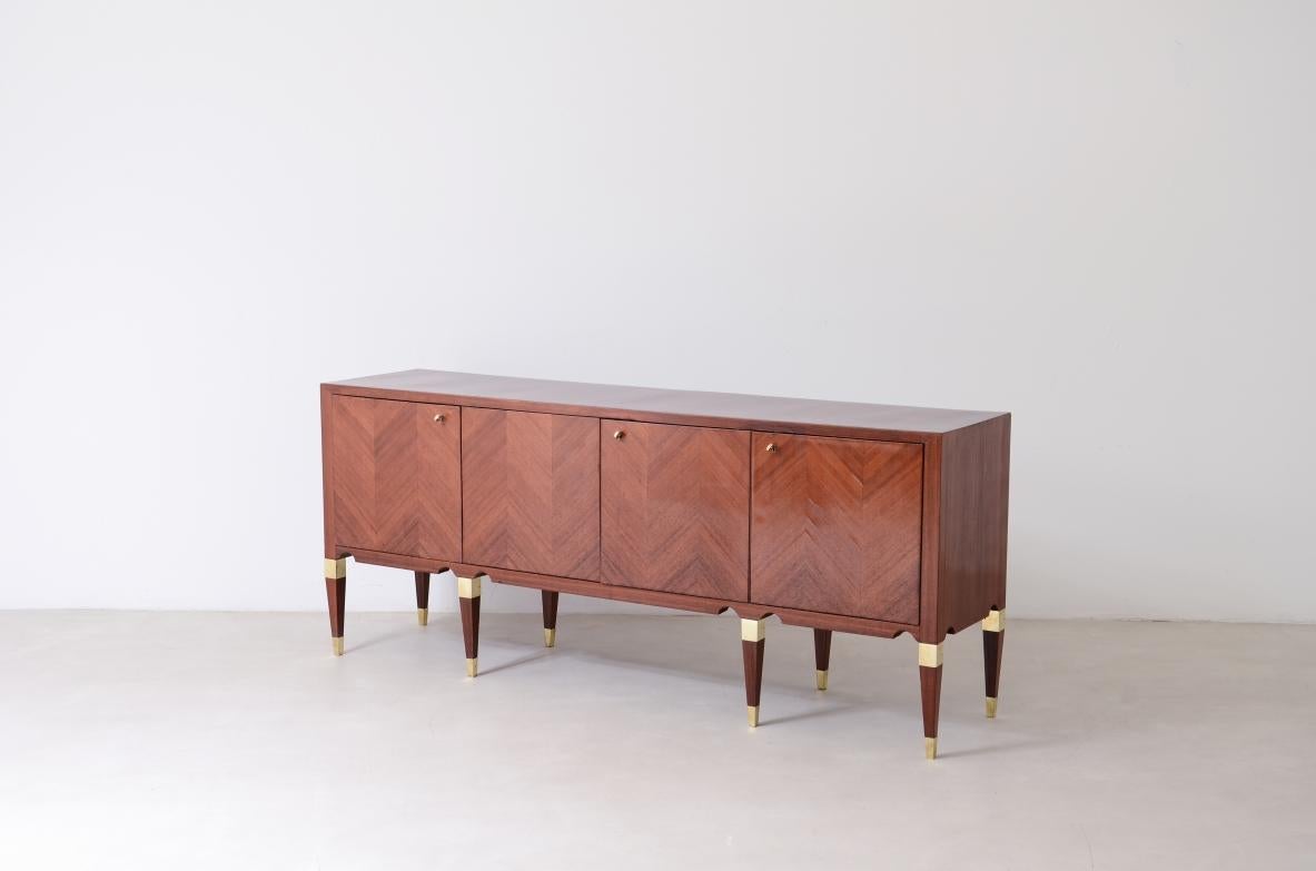 Italian Elegant 4-door walnut cabinet with a herringbone pattern For Sale