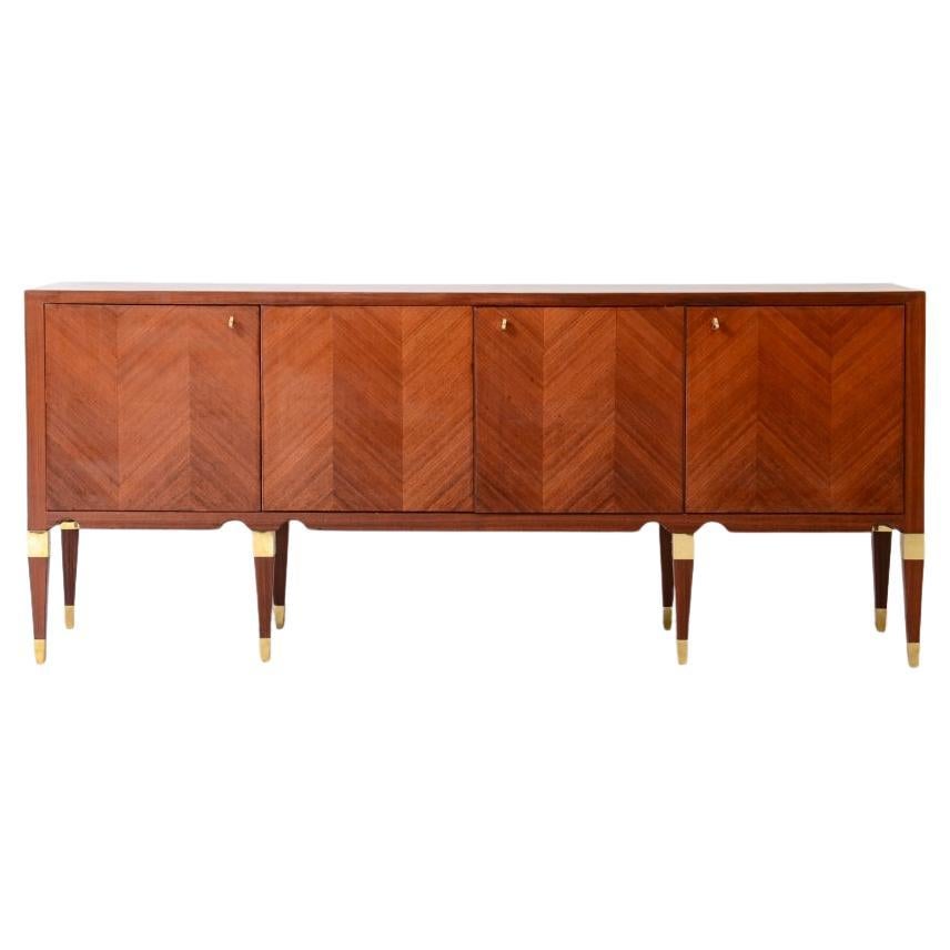 Elegant 4-door walnut cabinet with a herringbone pattern For Sale