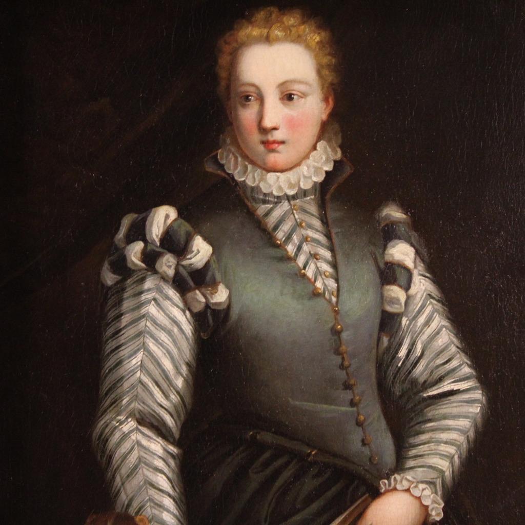16th Century Oil on Canvas Italian Antique Portrait Painting Lady with Dog, 1580 - Figurative Painting Black di Paolo Caliari dit Véronèse (Vérone 1528 - Venise 1588)