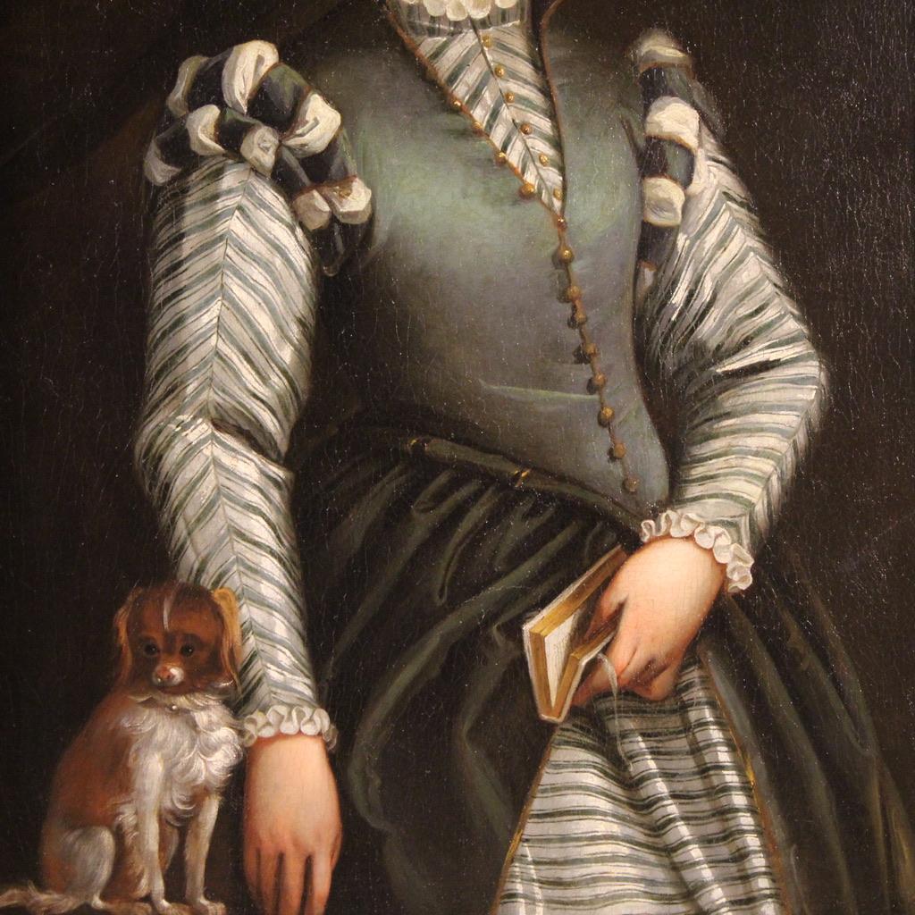 16th Century Oil on Canvas Italian Antique Portrait Painting Lady with Dog, 1580 1