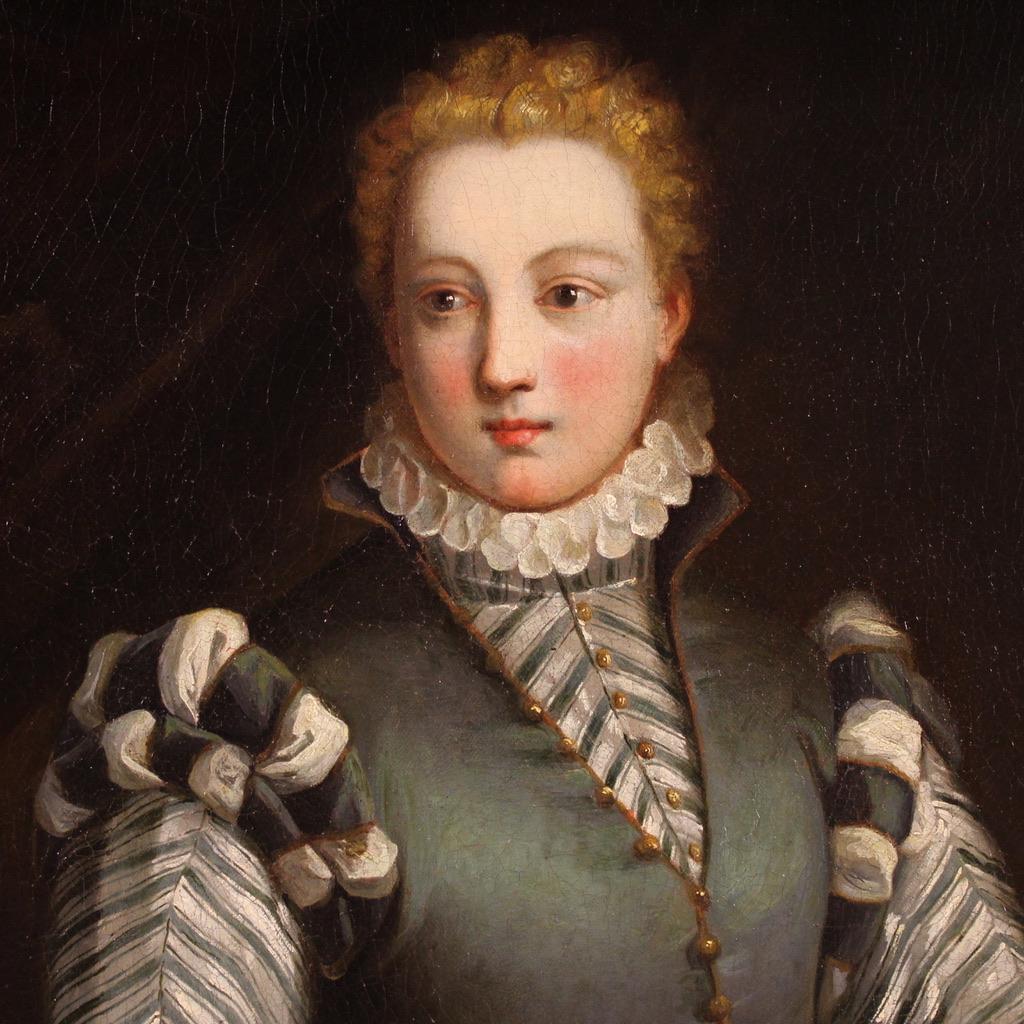 16th Century Oil on Canvas Italian Antique Portrait Painting Lady with Dog, 1580 3