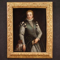 16th Century Oil on Canvas Italian Antique Portrait Painting Lady with Dog, 1580