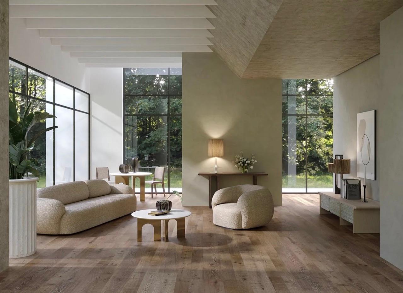 Formas generosas y abundantes para una serie de muebles tapizados con un diseño que evoca la suavidad de las nubes. La estructura monolítica está lejos de resultar pesada a la vista, gracias a la inusual división de los elementos individuales que