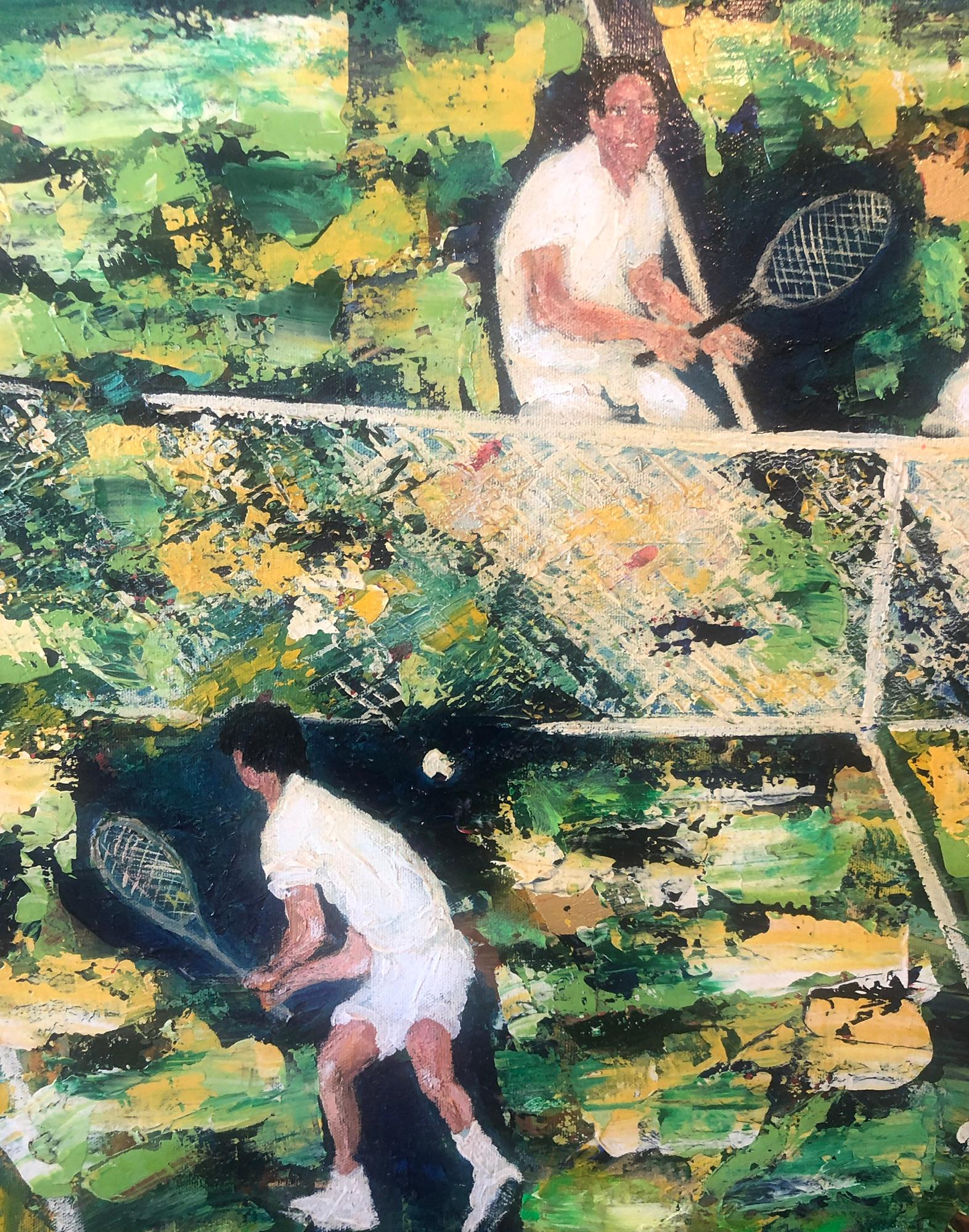 1960's Pintura al óleo Partido de tenis Escena deportiva Después de Leroy Neiman Arte deportivo - Figurative Painting Negro de Paolo Corvino