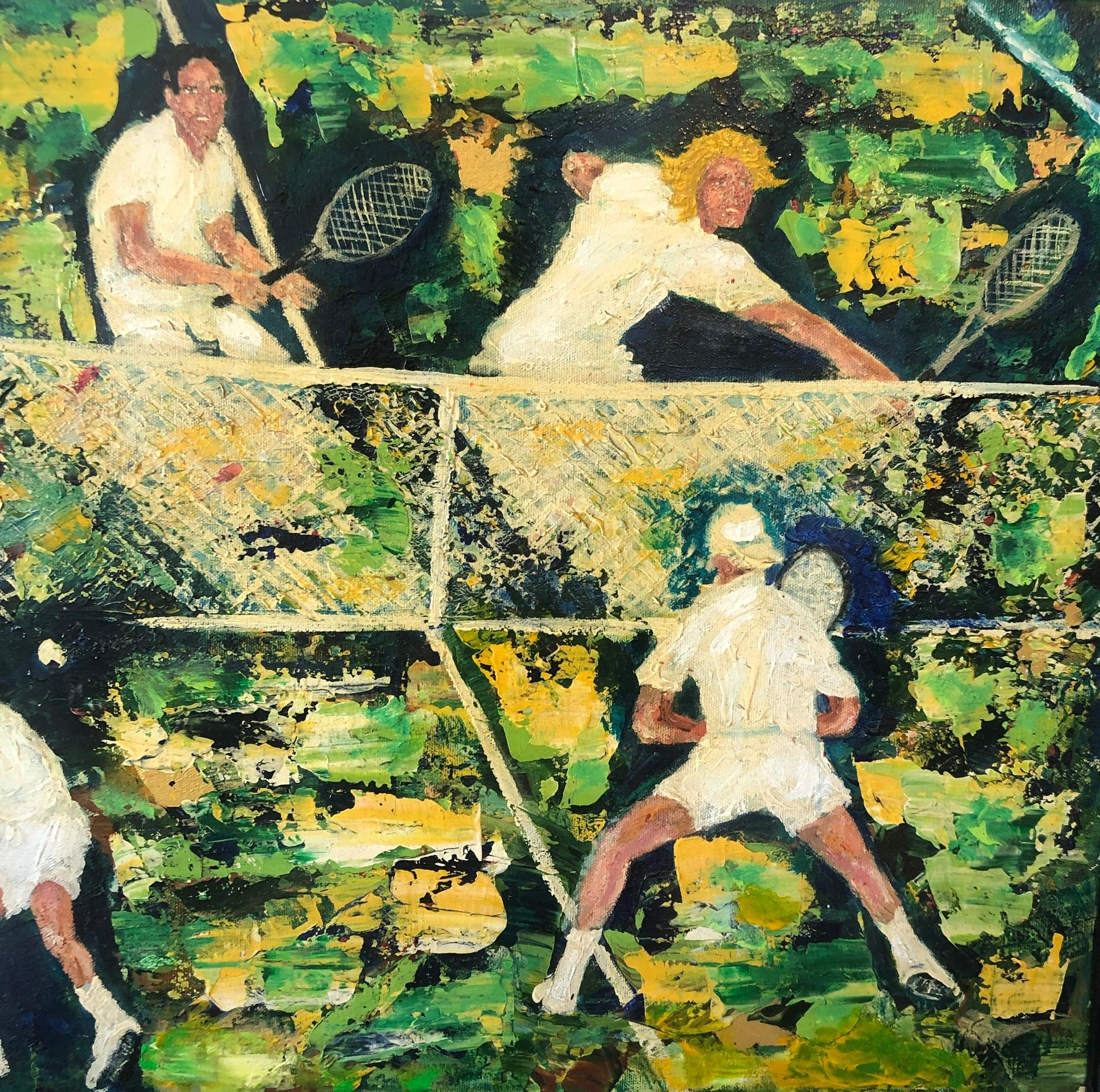 1960's Oil Painting Tennis Match Sports Scene After Leroy Neiman Sporting Art - Black Figurative Painting by Paolo Corvino