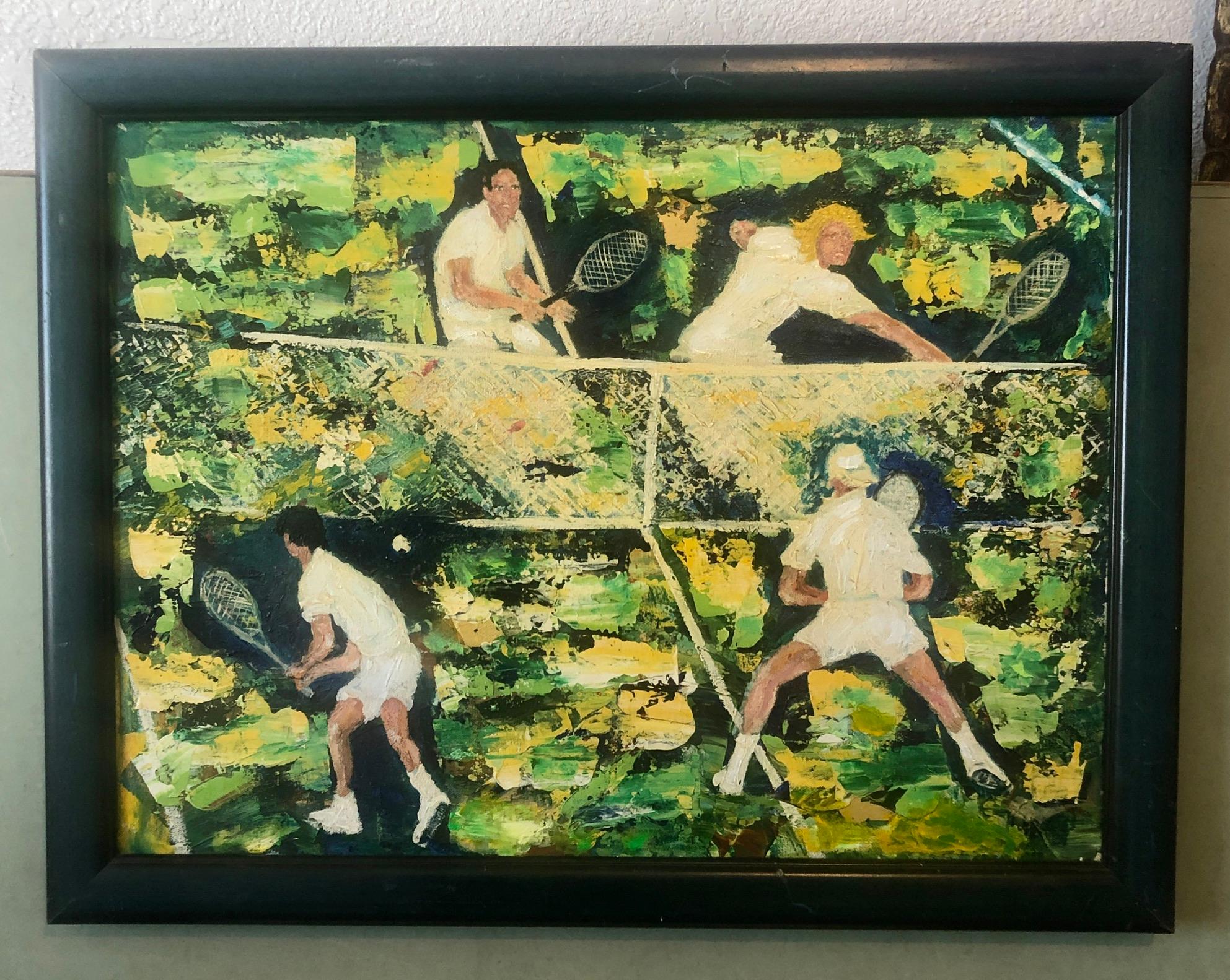 1960's Pintura al óleo Partido de tenis Escena deportiva Después de Leroy Neiman Arte deportivo en venta 1