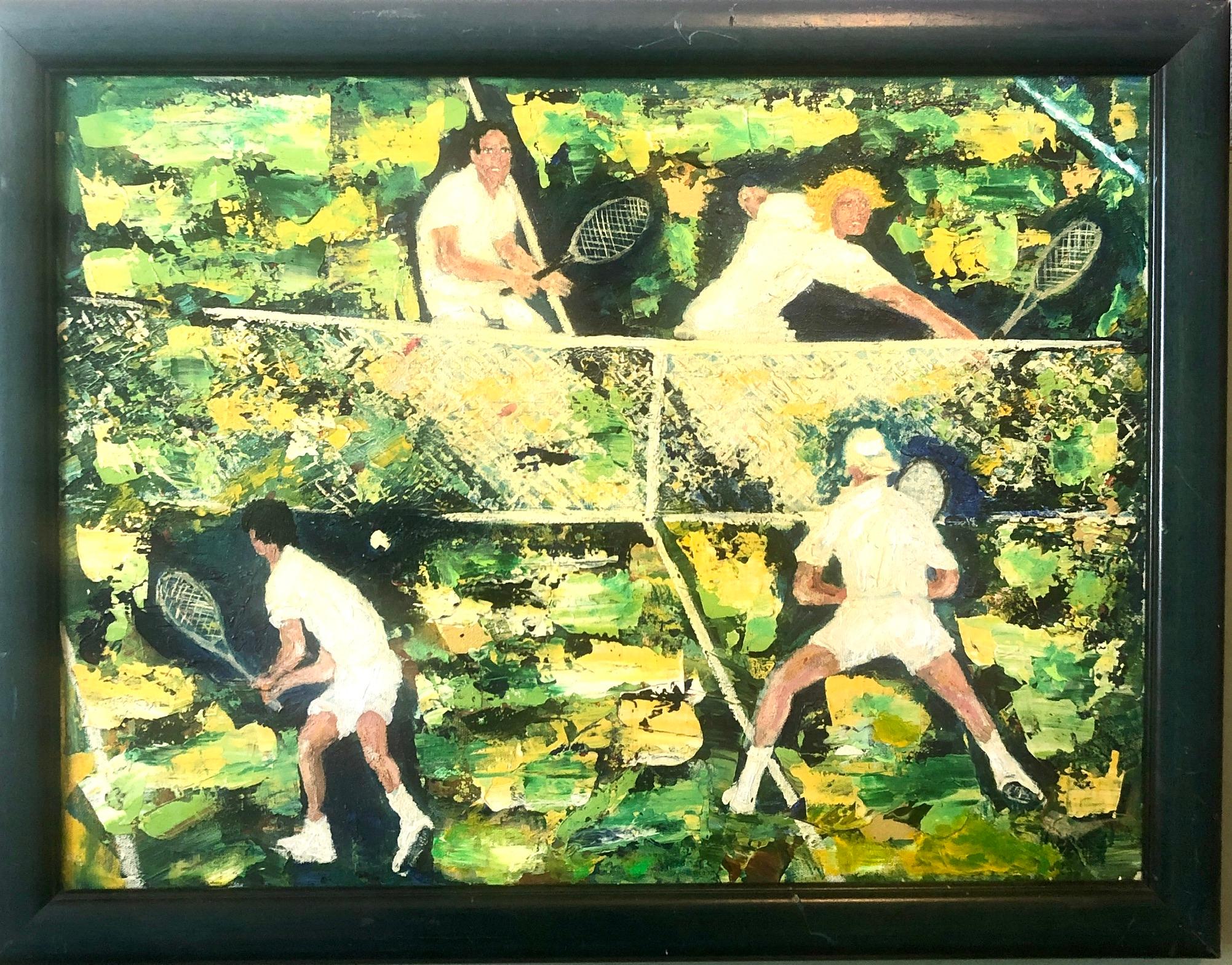 Figurative Painting de Paolo Corvino - 1960's Pintura al óleo Partido de tenis Escena deportiva Después de Leroy Neiman Arte deportivo