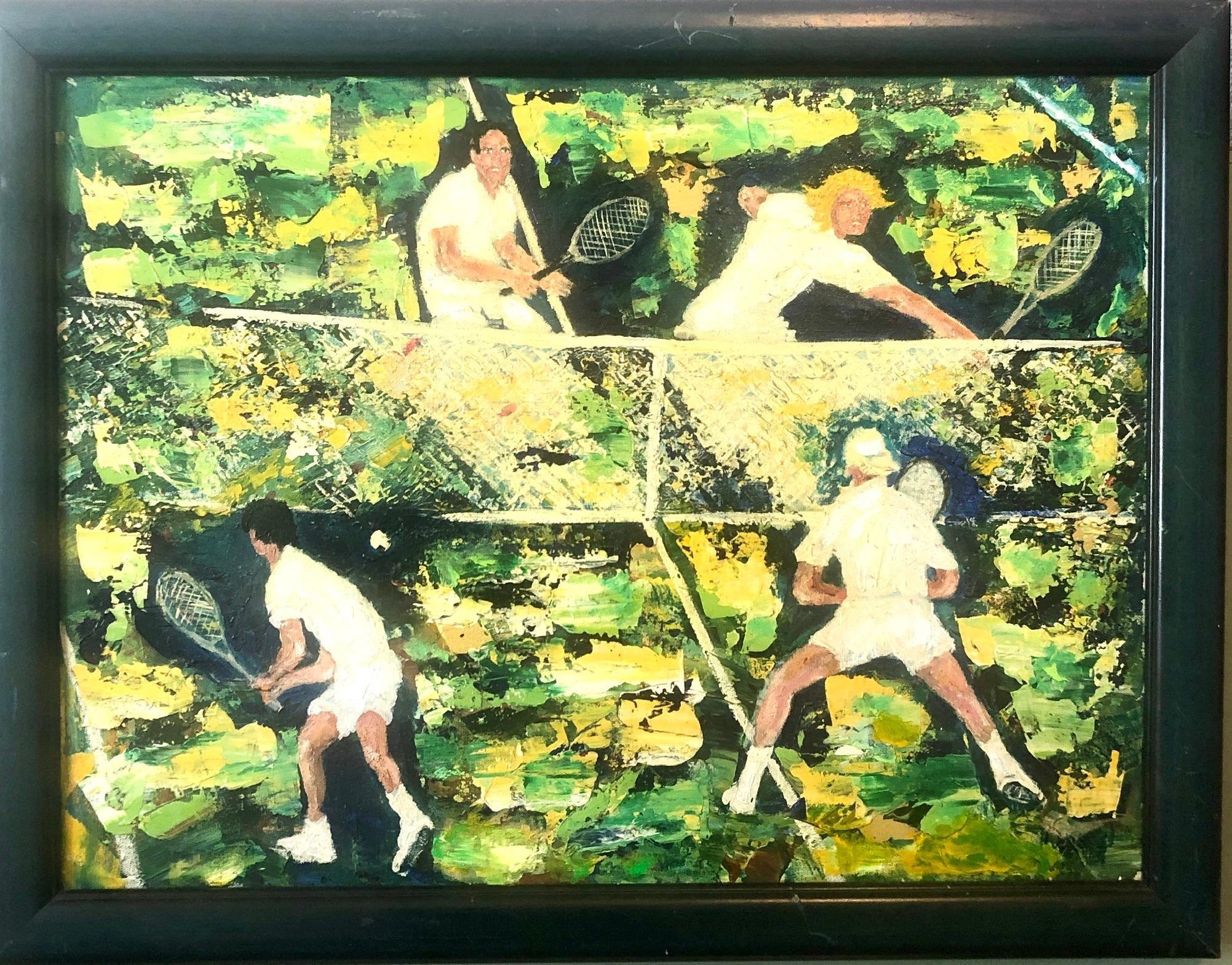 Paolo Corvino Figurative Painting - 1960's Oil Painting Tennis Match Sports Scene After Leroy Neiman Sporting Art