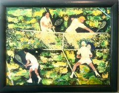 Antique 1960's Oil Painting Tennis Match Sports Scene After Leroy Neiman Sporting Art