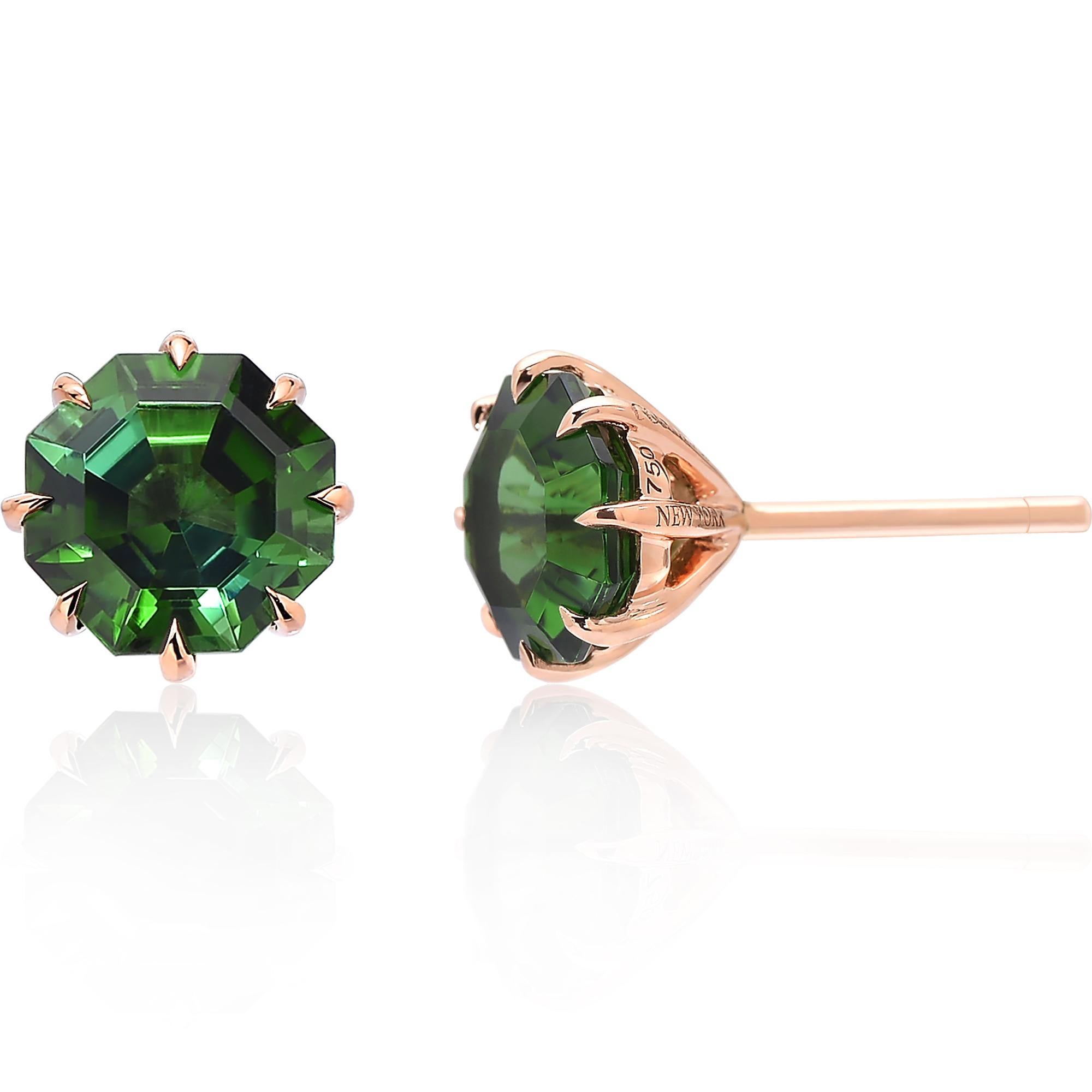 One-of-a-kind hexagonal green tourmaline studs set in 18 karat rose gold. 

A truly unique alternative to a classic pair of diamond studs, these 18 karat rose gold studs are certainly a great addition to anyone's jewelry collection. 

The precision