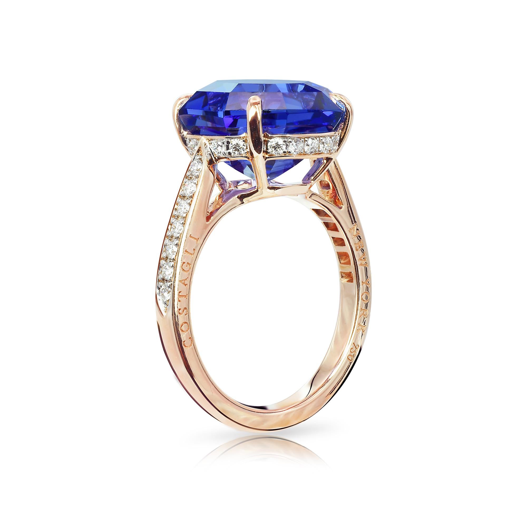 One-of-a-kind asscher-cut tanzanite ring set in 18 karat rose gold with pave-set round, brilliant diamonds. 

A very clean look is the base of this asscher-cut tanzanite ring. Worn as a right hand ring or as a non-diamond engagement ring, it's