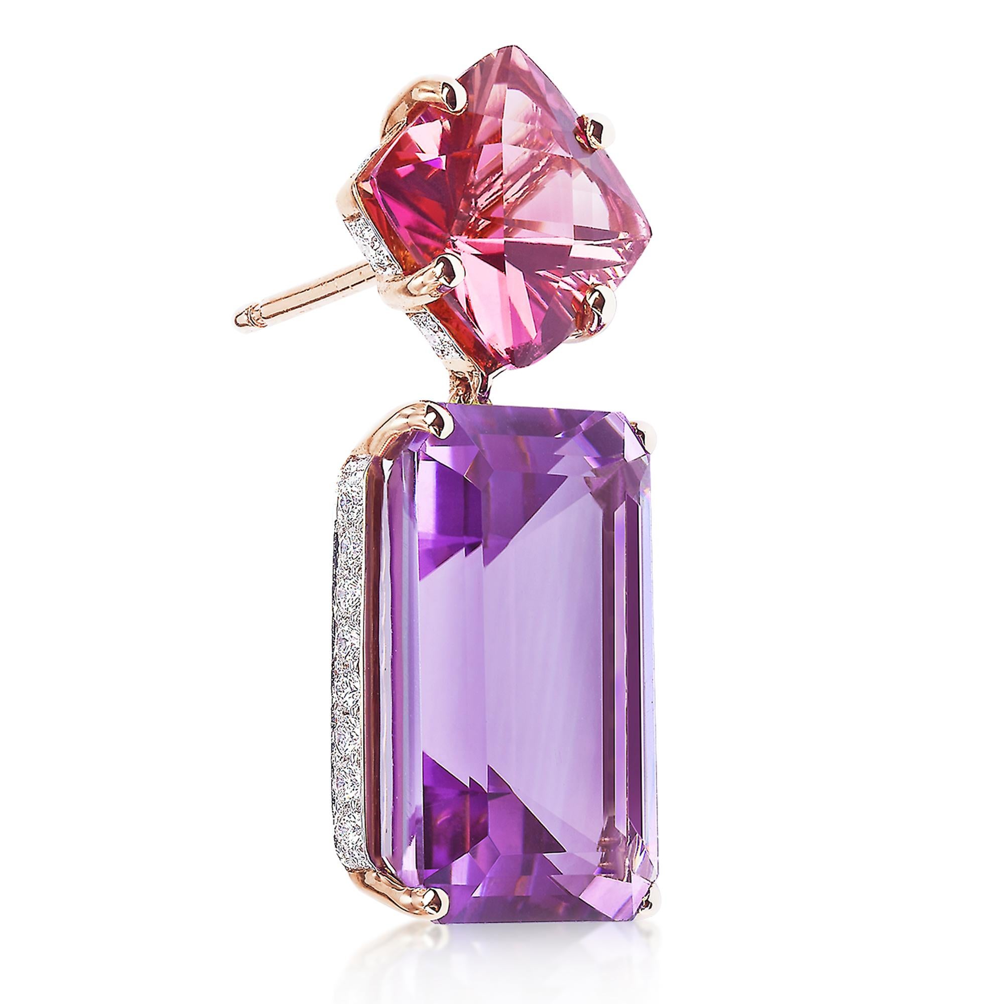 One of a kind emerald cut change of color tourmaline and emerald cut amethyst earrings set in 18kt rose gold with diamond detailing.

This one of a kind earring was designed to achieve the perfect proportions for a day-to-night earring. Timeless,