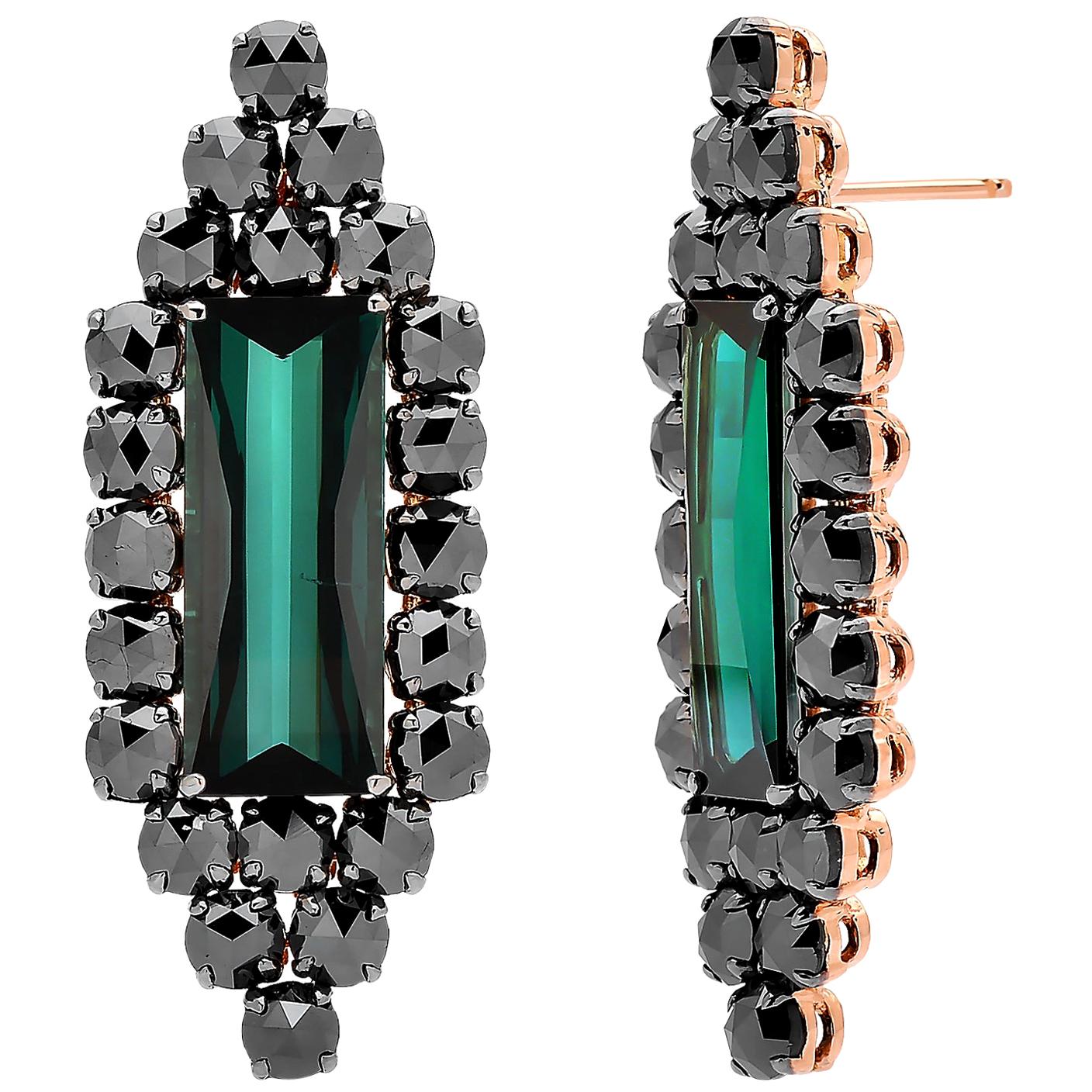 Paolo Costagli 18 Karat Rose Gold Indicolite and Black Diamond Earrings