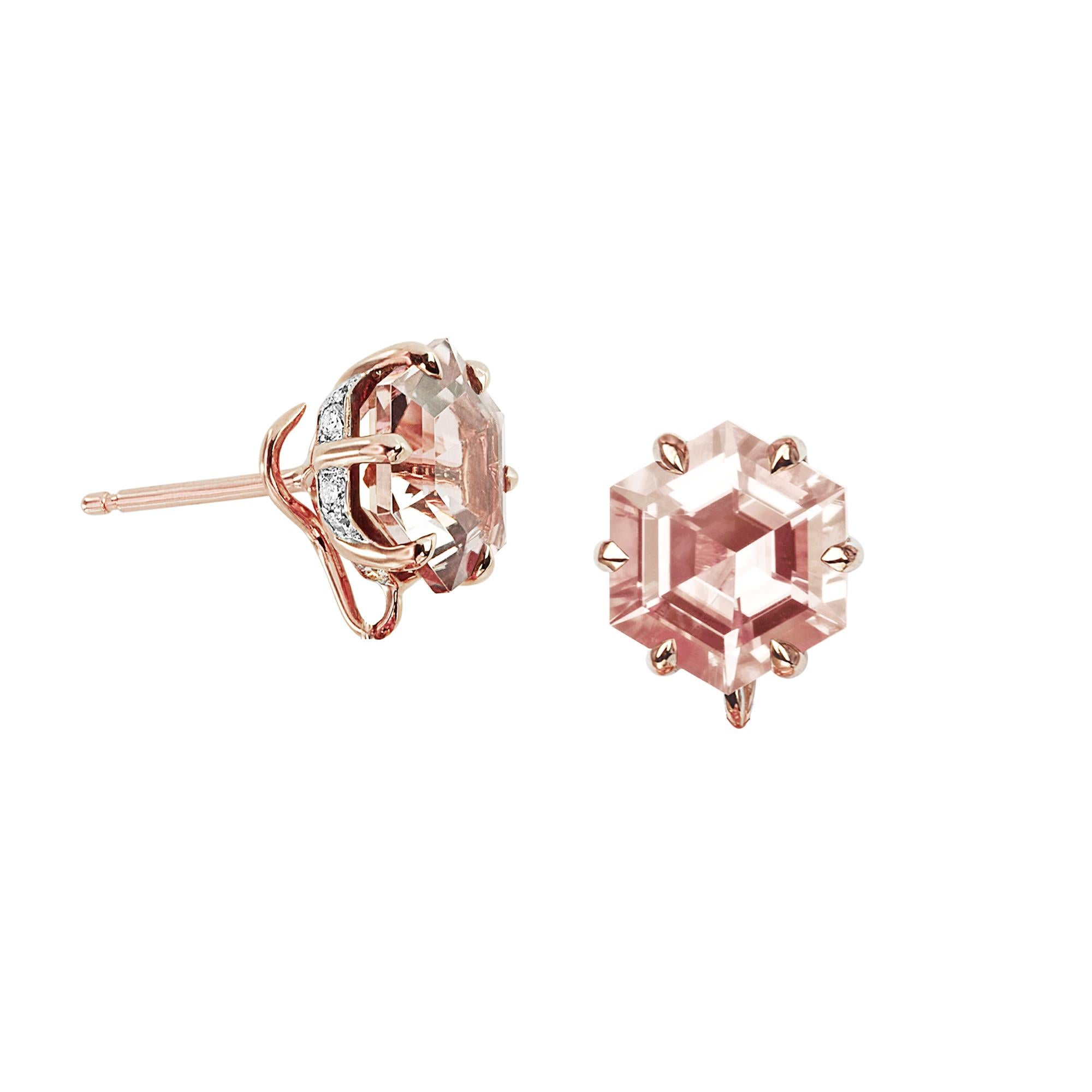 
One of a kind earrings with emerald-cut morganite and hexagonal-shape prosecco tourmalines set in 18 karat rose gold and pave-set round, brilliant diamond detailing. 

Earrings feature invisible hook with detachable pendants allowing you to wear