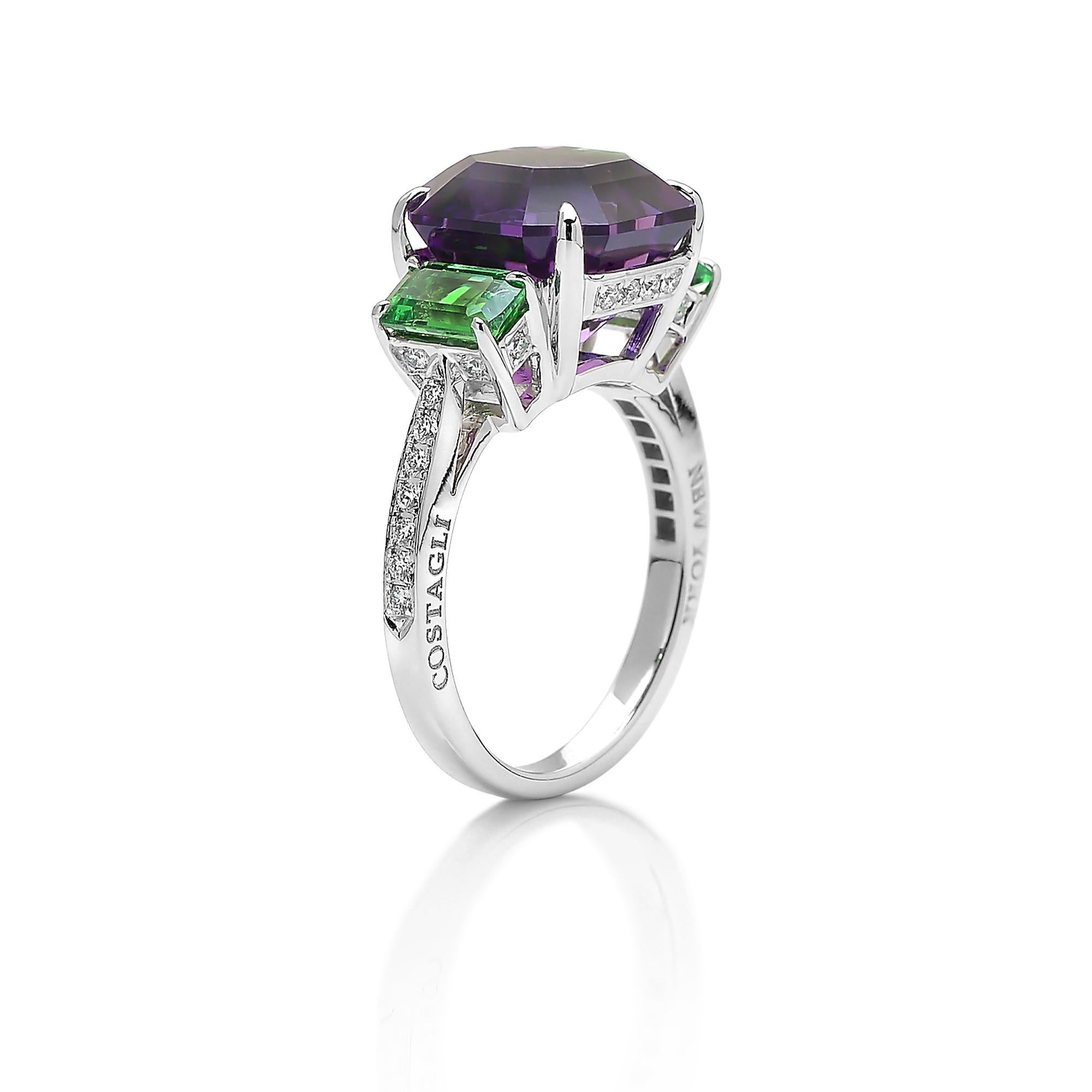 One of a kind asscher-cut amethyst ring with emerald-cut tsavorite garnet side stones set in 18 karat white gold with pave-set round, brilliant diamond detailing. 

The proportions of the ring allows the exquisite cutting of the gemstones to be