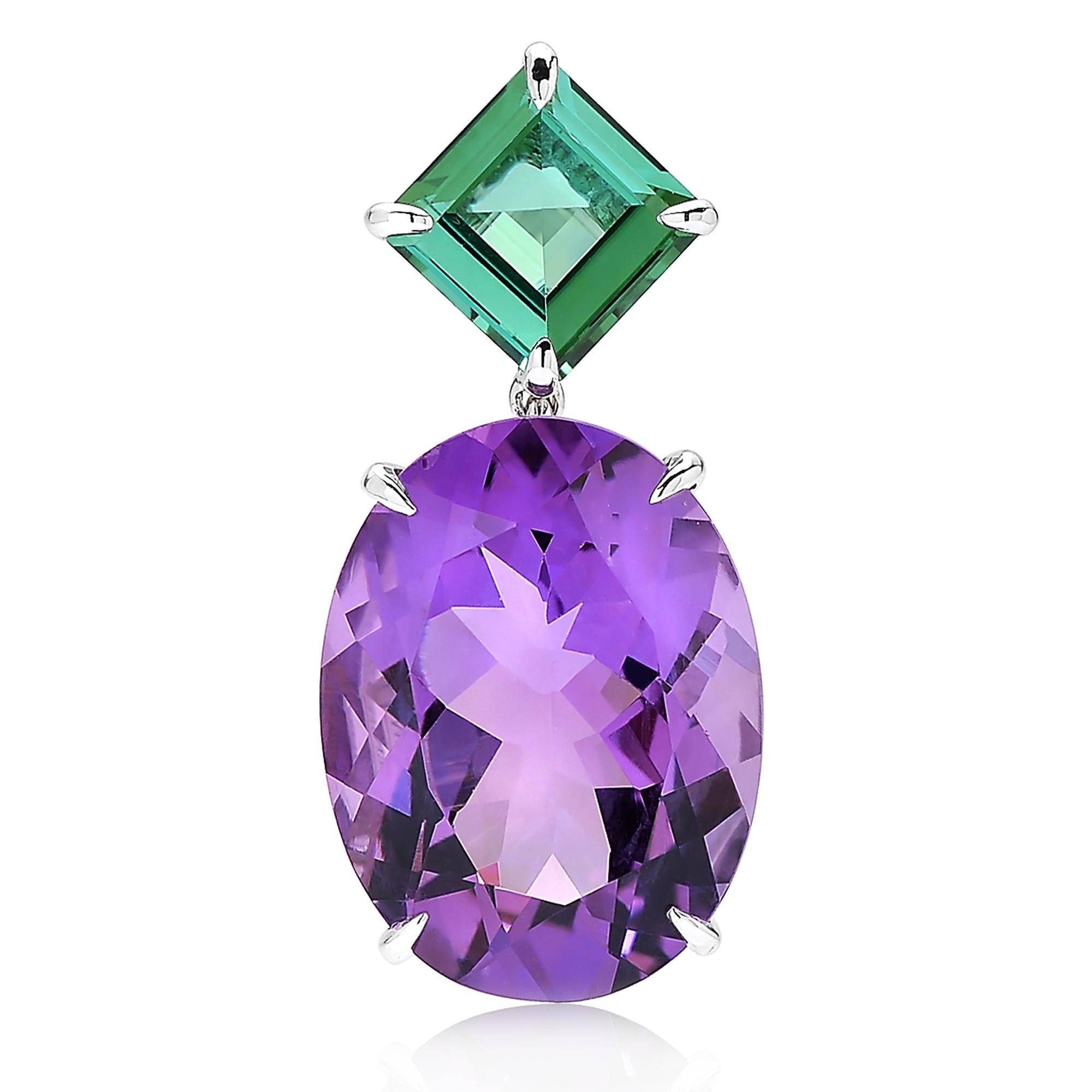 One-of-a-kind kite-shape blue green tourmaline earrings with oval shape amethyst set in 18 karat white gold and pave-set round, brilliant diamonds. 

Another example of modern gemstone cutting paired with old world facet alignments is the feature of