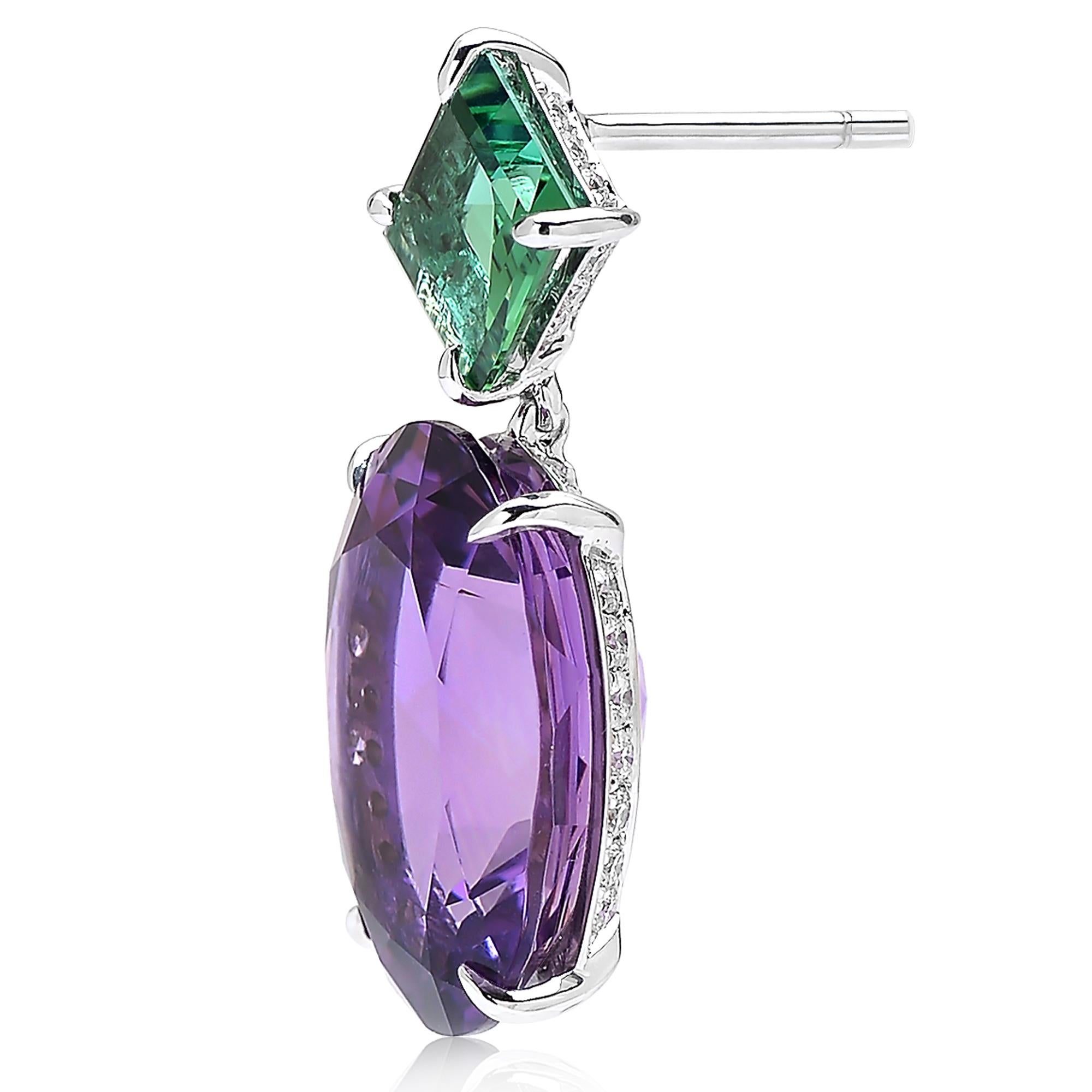 Contemporary Paolo Costagli 18 Karat White Gold Blue Green Tourmaline and Amethyst Earrings For Sale