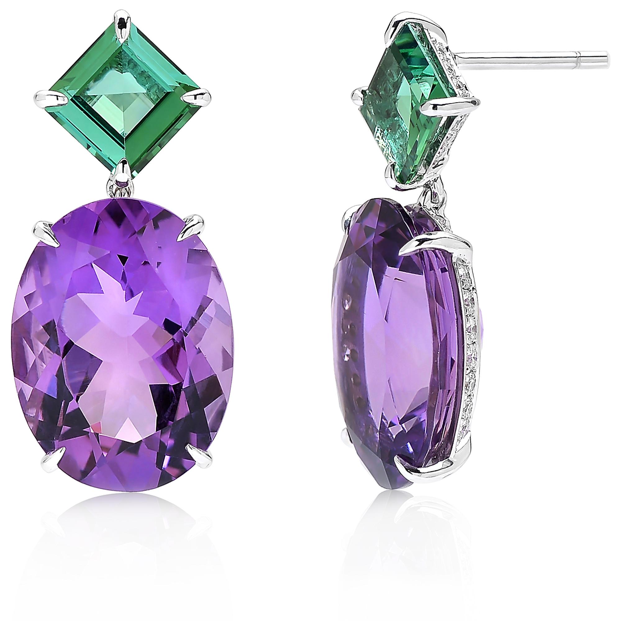 Oval Cut Paolo Costagli 18 Karat White Gold Blue Green Tourmaline and Amethyst Earrings For Sale