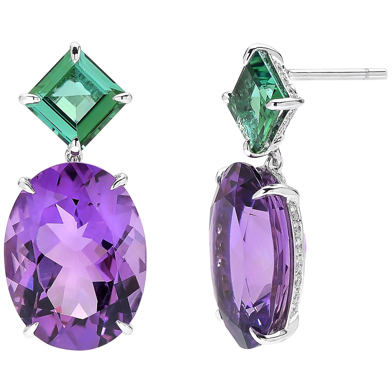 Paolo Costagli 18 Karat White Gold Blue Green Tourmaline and Amethyst Earrings For Sale