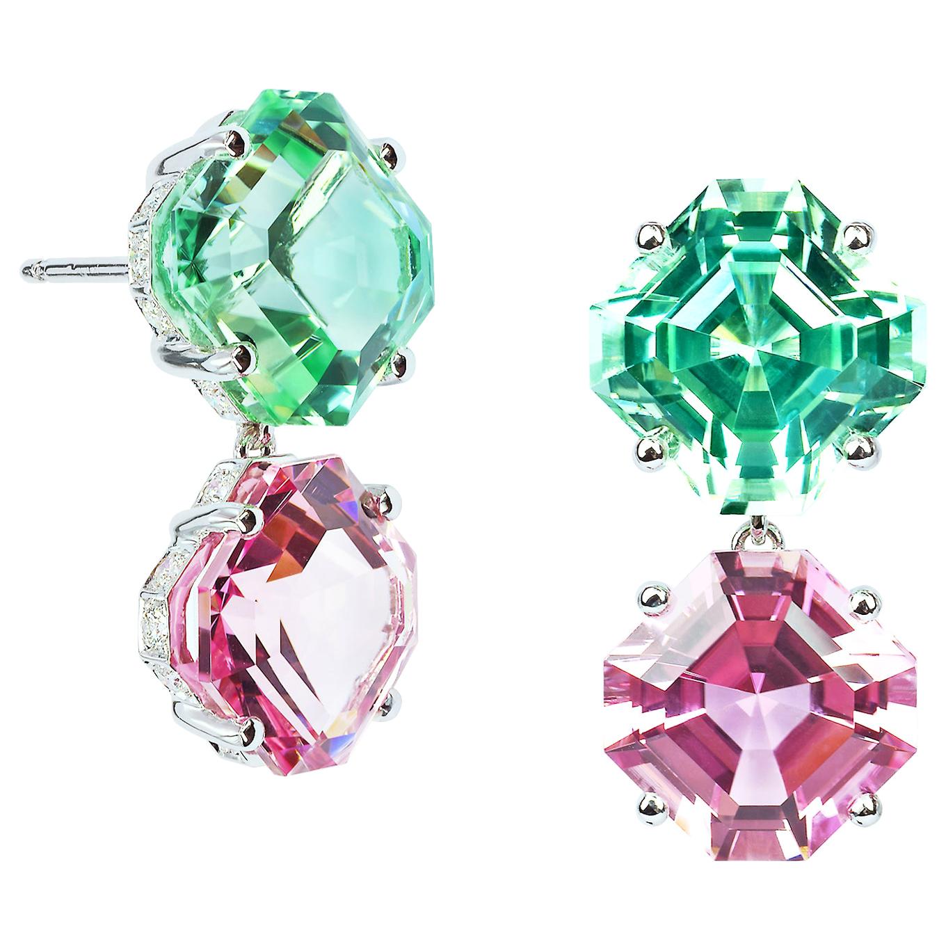 One of a kind mint and pink tourmaline earrings set in 18 karat white gold with round, brilliant diamond detailing. 

Emerald-cut mint tourmaline proportioned with emerald-cut pink tourmalines make this one of a kind pair of earrings one of the most
