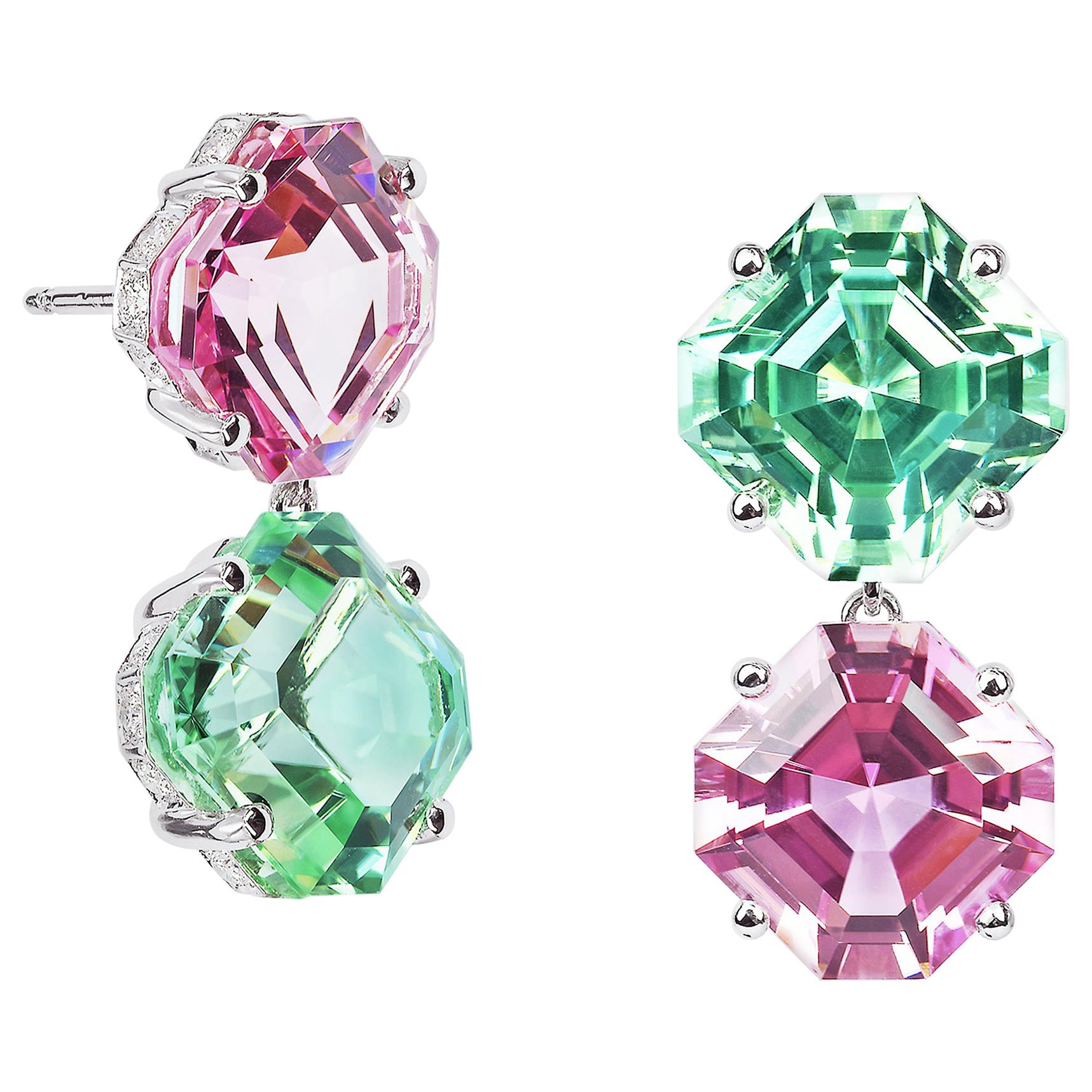 Paolo Costagli 18 Karat White Gold Mint and Pink Tourmaline Earrings For Sale