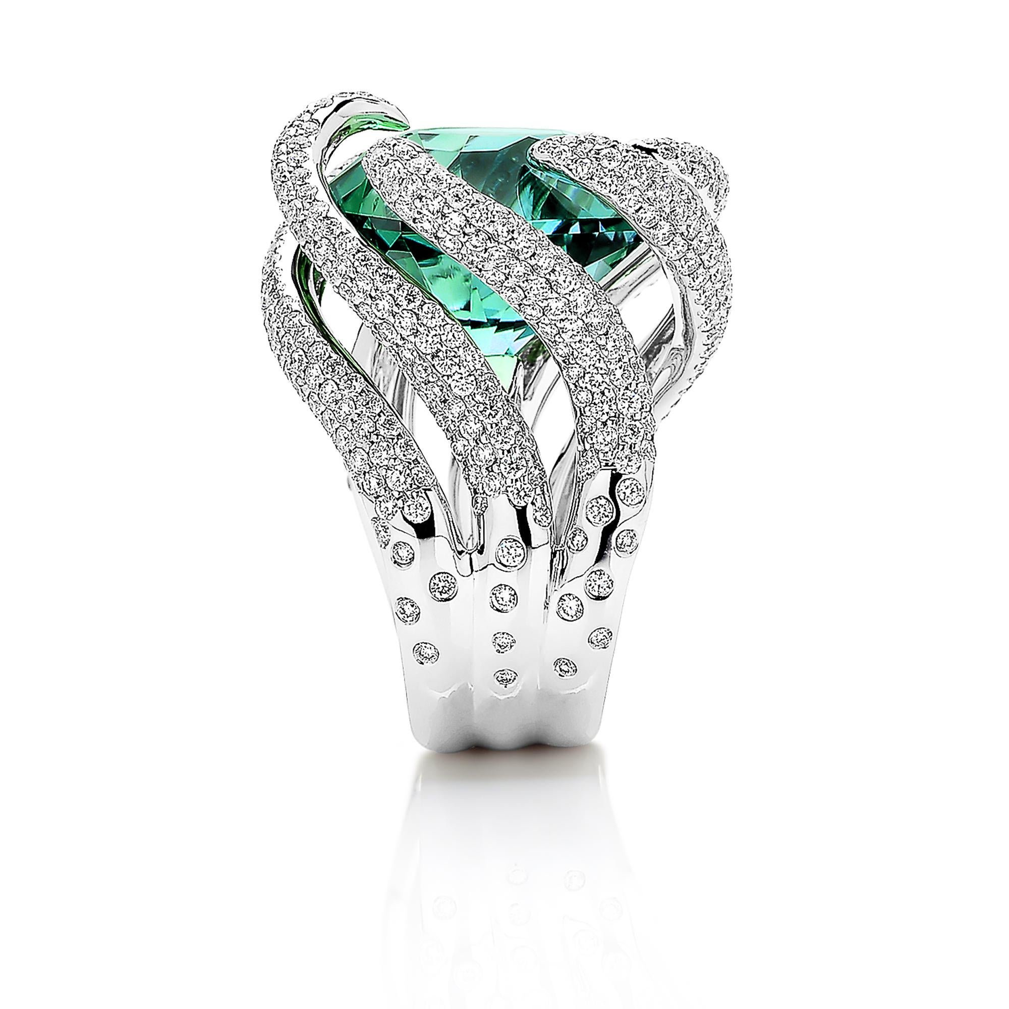 Contemporary Paolo Costagli 18 Karat White Gold Mint Tourmaline Ring with Diamonds For Sale