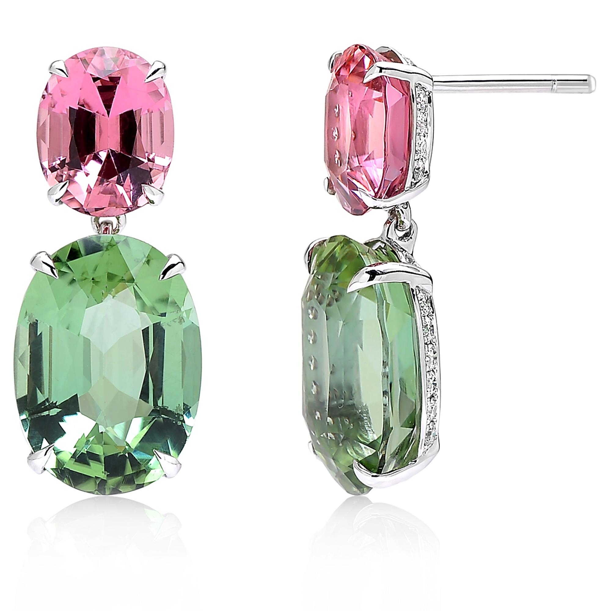 One of a kind oval-cut pink tourmaline and oval-cut mint tourmaline earrings set in 18 karat white gold with round, brilliant diamond detailing. 

Clean lines, great proportions and minimum weight were carefully designed for the comfort of the