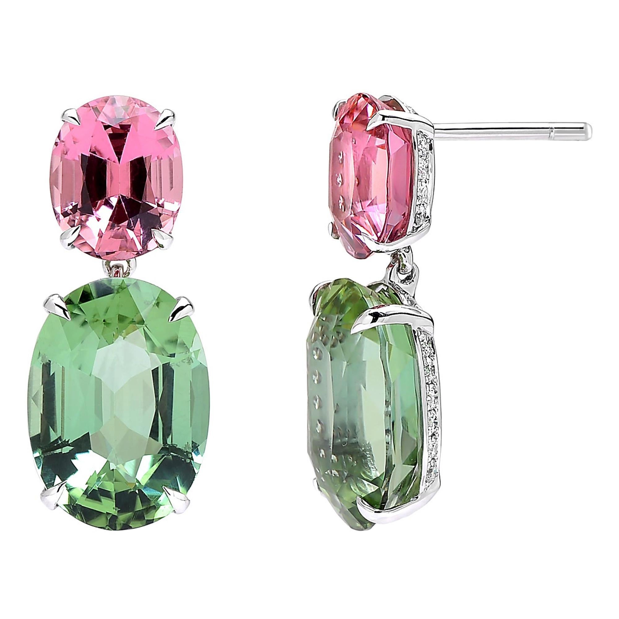 Paolo Costagli 18 Karat White Gold Pink and Mint Tourmaline Earring with Diamond For Sale