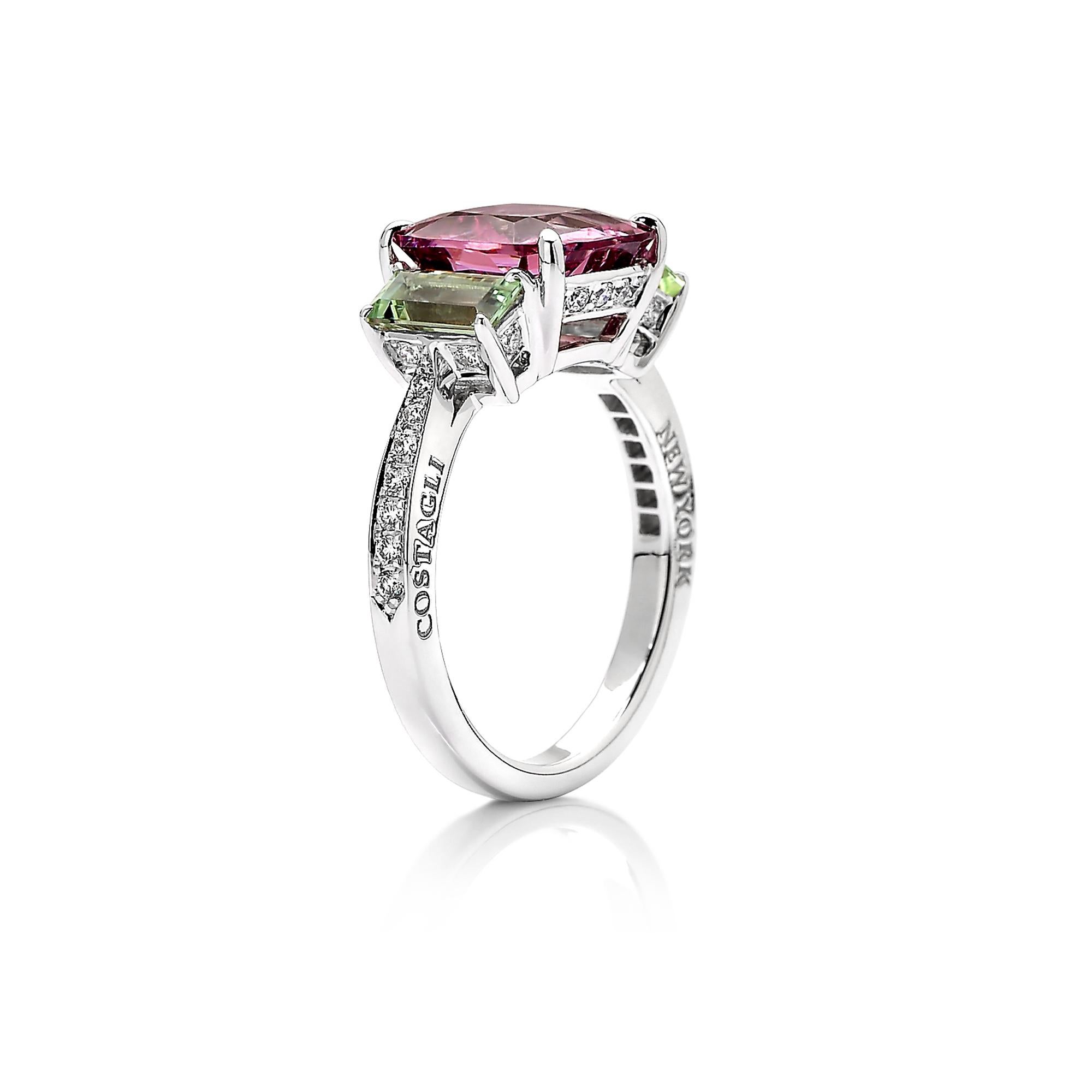 One of a kind cushion-cut pink spinel ring with emerald-cut canary tourmaline side stones set in 18 karat white gold and pave-set round, brilliant diamond detailing. 

The proportions of the ring allows the exquisite cutting of the gemstones to be