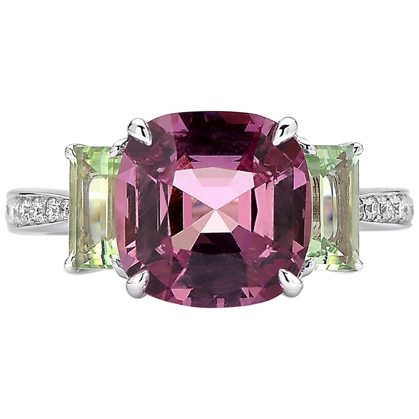Paolo Costagli 18 Karat White Gold Spinel, Canary Tourmaline and Diamond Ring For Sale