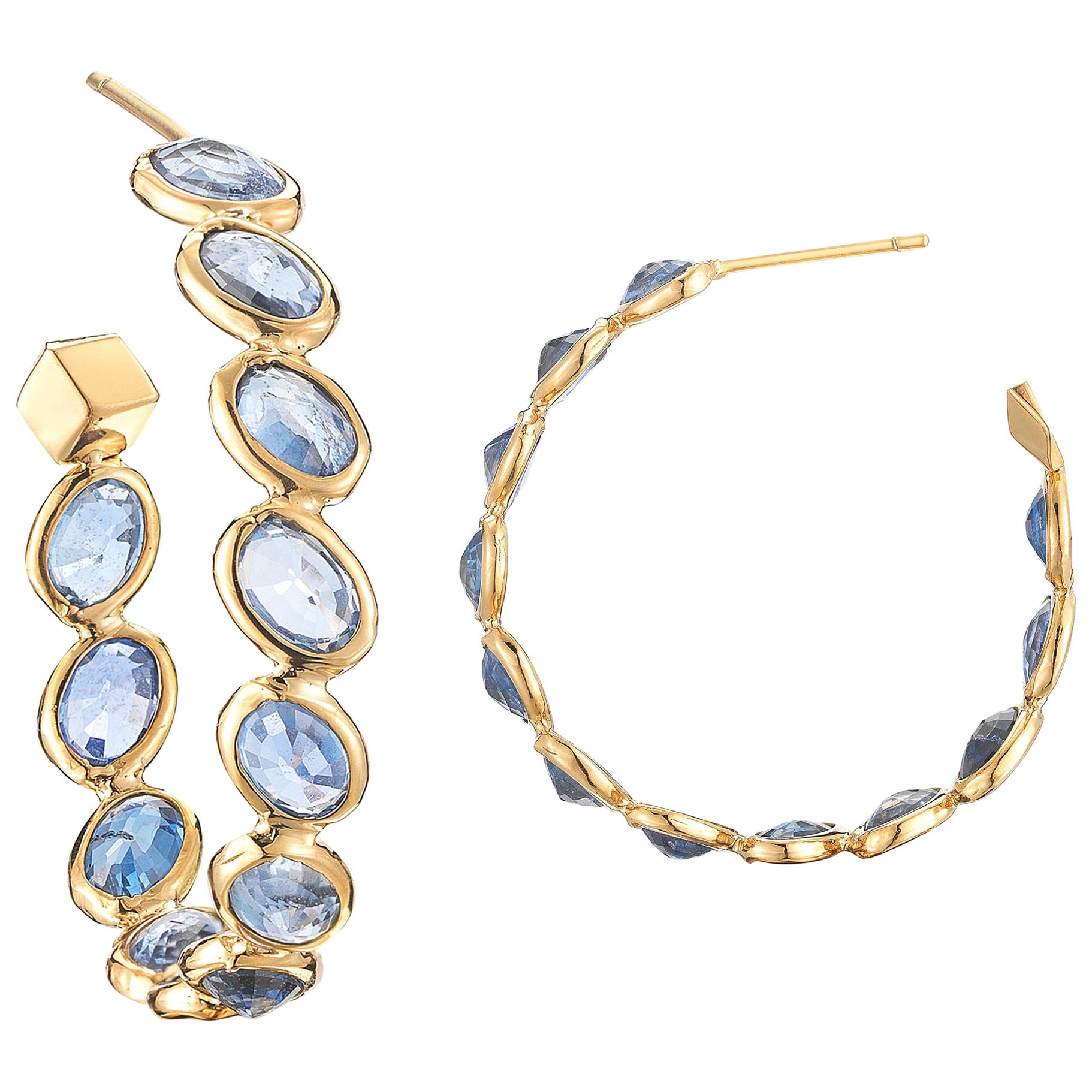 Paolo Costagli 18 Karat Yellow Gold Blue Sapphire Ombre Hoop Earrings, Medium For Sale
