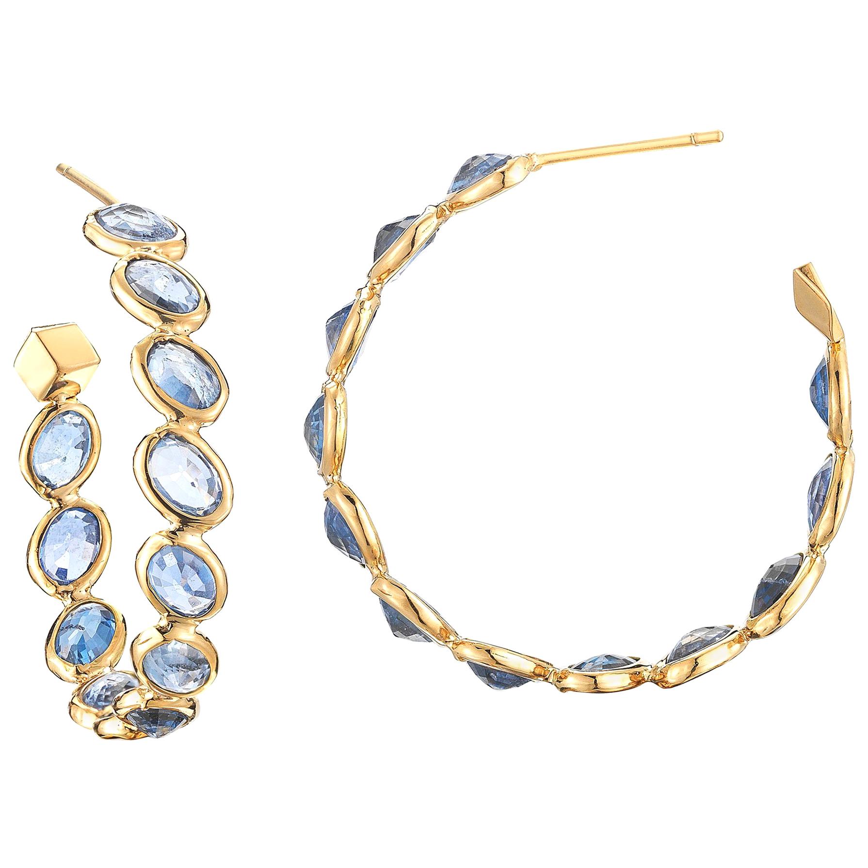 Paolo Costagli 18 Karat Yellow Gold Blue Sapphire Ombre Hoop Earrings, Medium For Sale