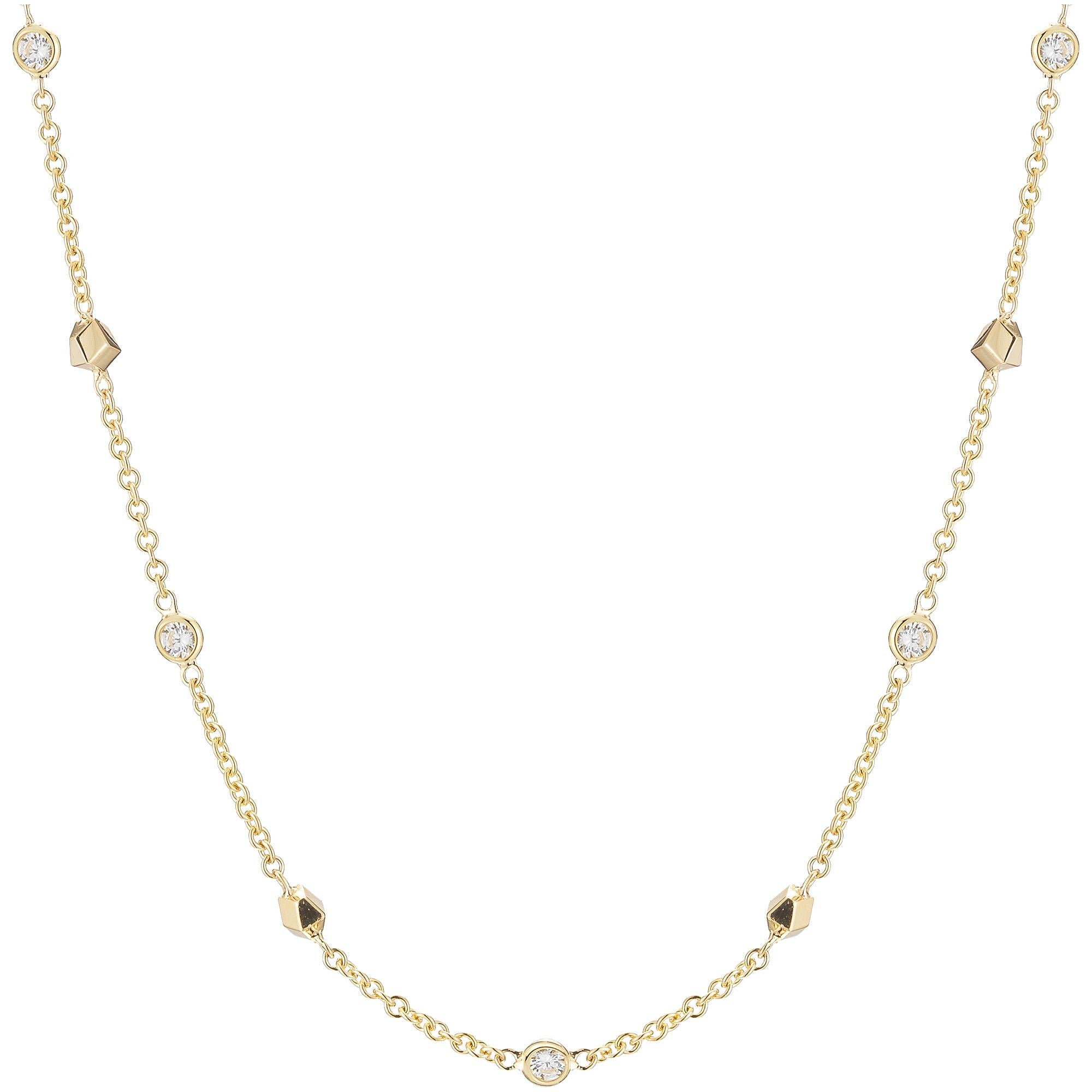 High polish 18 karat yellow gold Brillante diamond 'By the Yard' necklace featuring stations of our signature high polish 18kt yellow gold Brillante detailing and round, brilliant white diamonds set on an 18kt yellow gold 16.75 inch chain necklace.