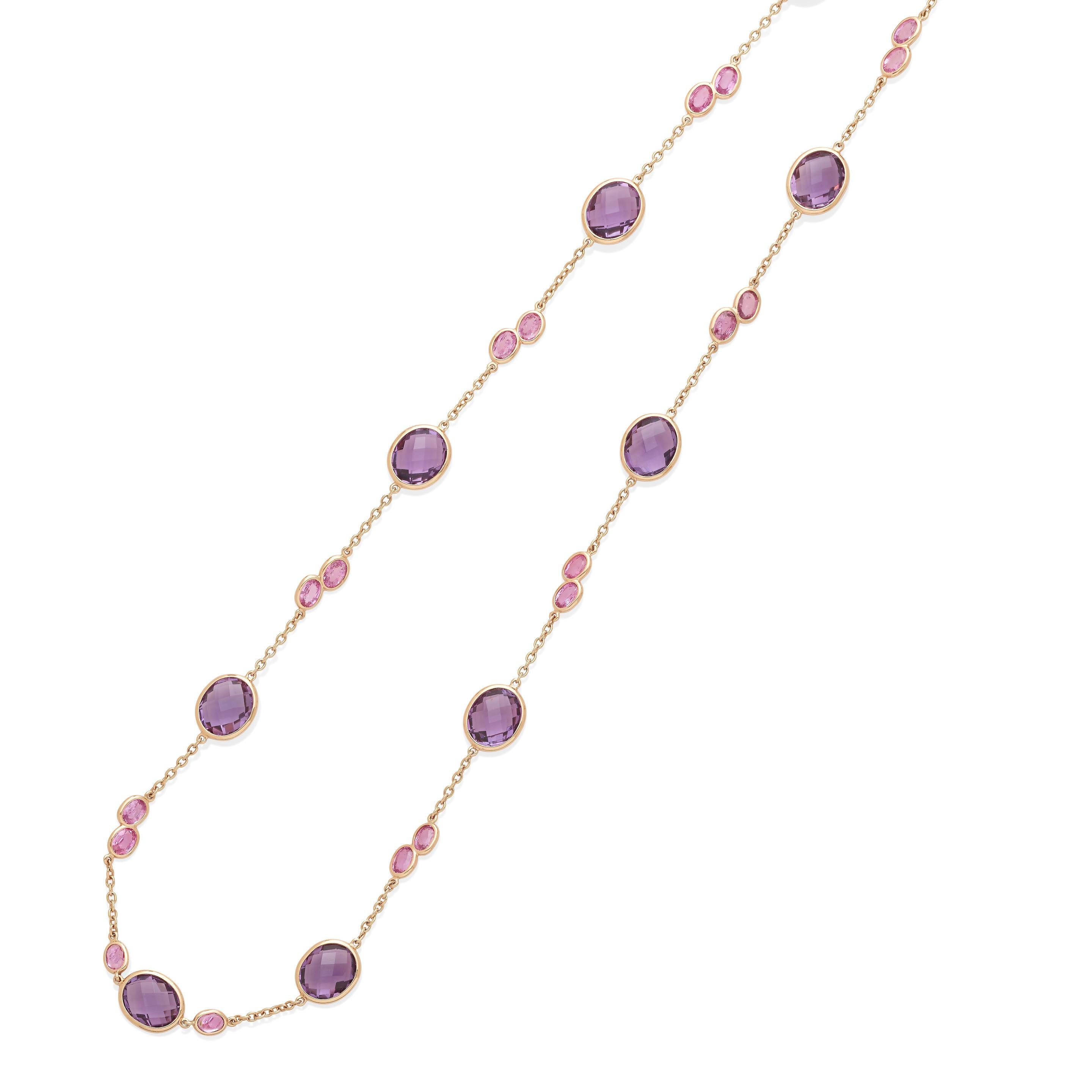 Features Amethyst Cabochons measuring 12 x 10 x 6mm accented with Pink Sapphires
Brand: Paolo Costagli 
Mounted in 18k Rose Gold
Gross Weight: 40.0 grams
Length: 41-3/4 inches
Featured in Bonhams Auction #152 California Jewels November 12, 2019 Los
